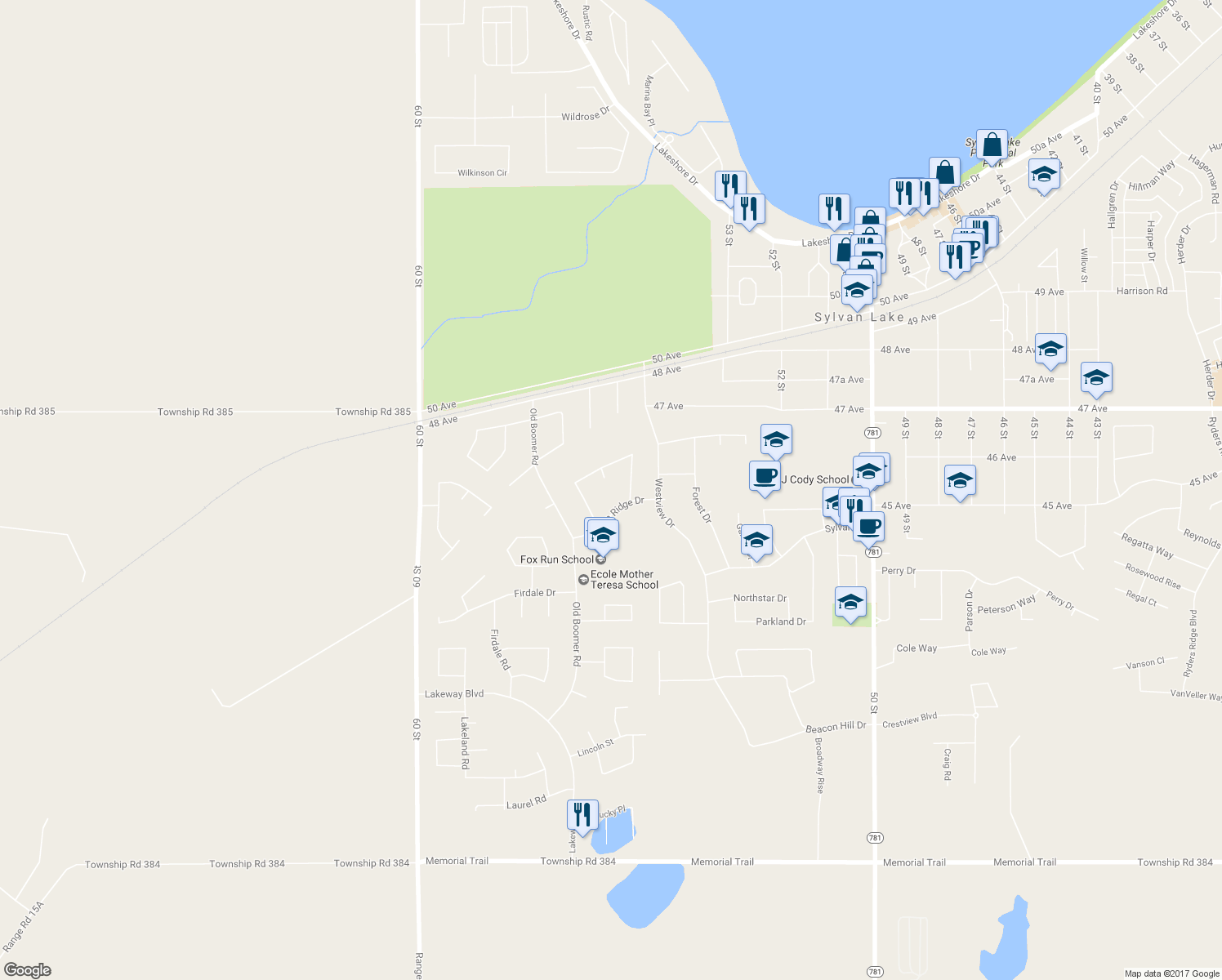 map of restaurants, bars, coffee shops, grocery stores, and more near 5 Falcon View Place in Sylvan Lake