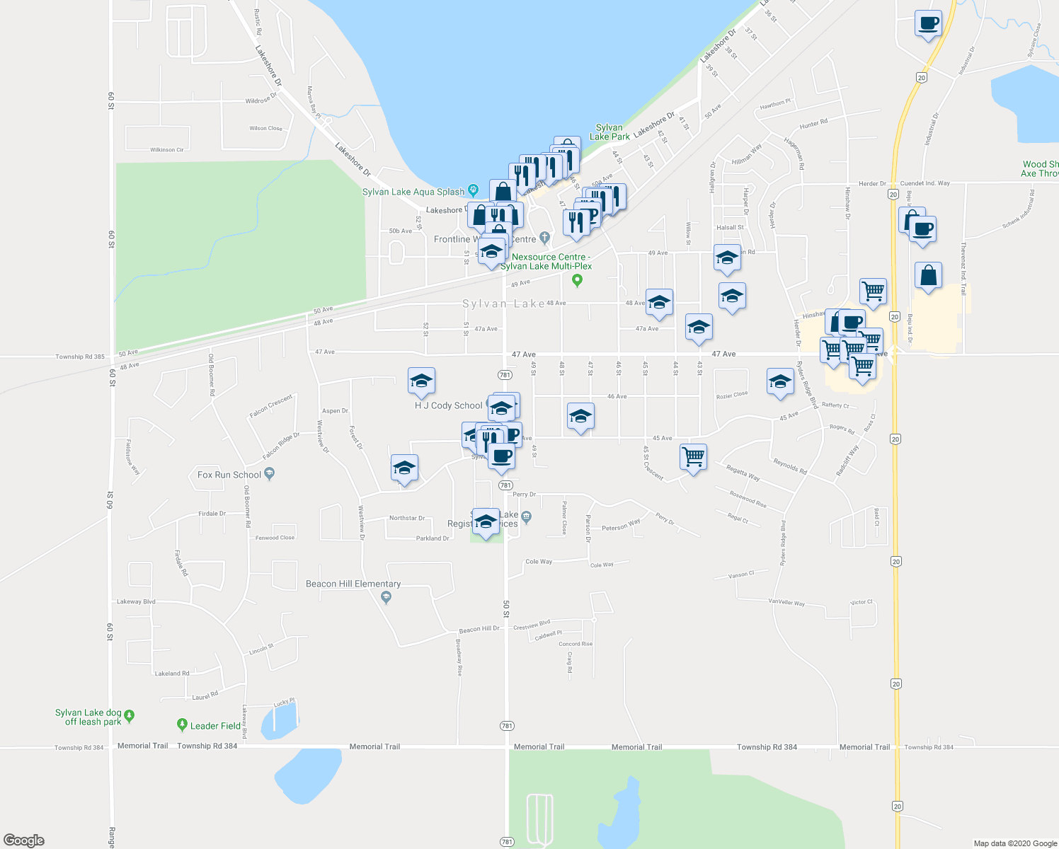 map of restaurants, bars, coffee shops, grocery stores, and more near 4510 49 Street in Sylvan Lake