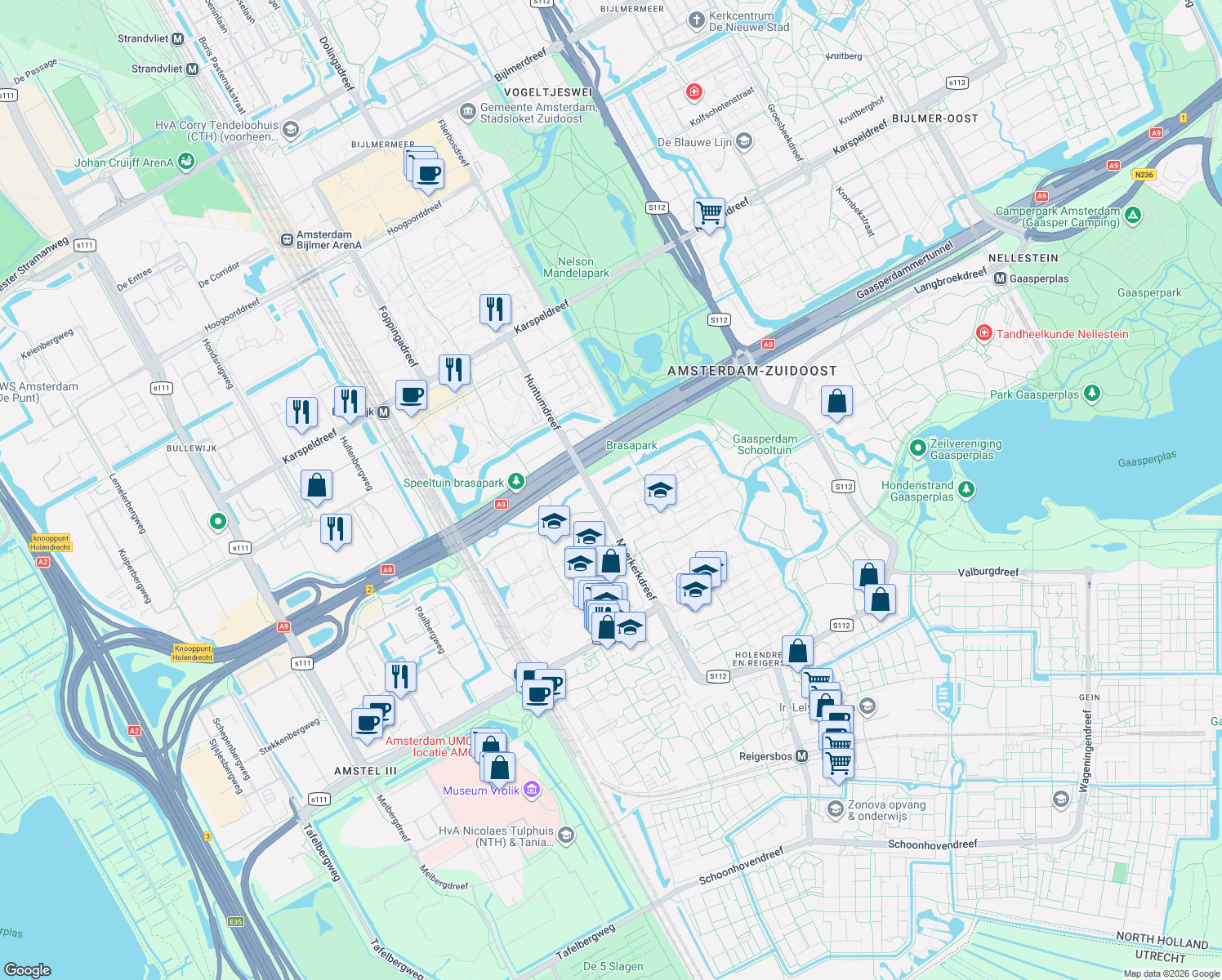 map of restaurants, bars, coffee shops, grocery stores, and more near 40 Maldenhof in Amsterdam-Zuidoost