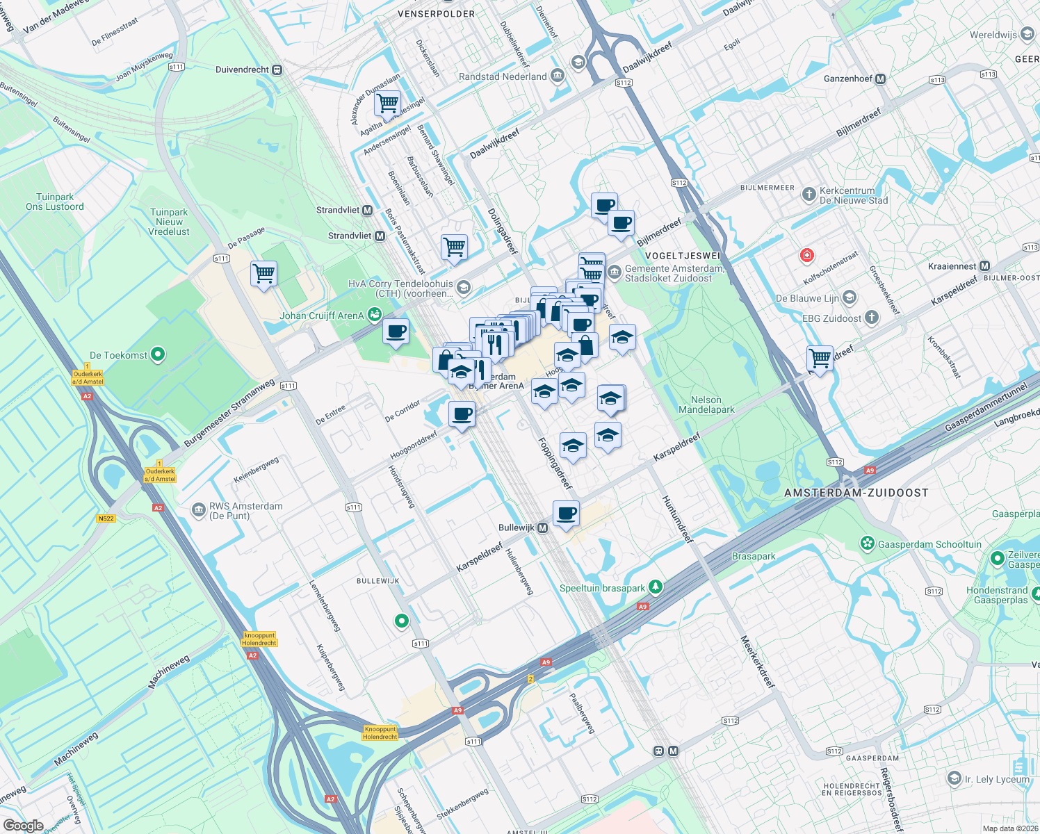 map of restaurants, bars, coffee shops, grocery stores, and more near 20 Foppingadreef in Amsterdam-Zuidoost