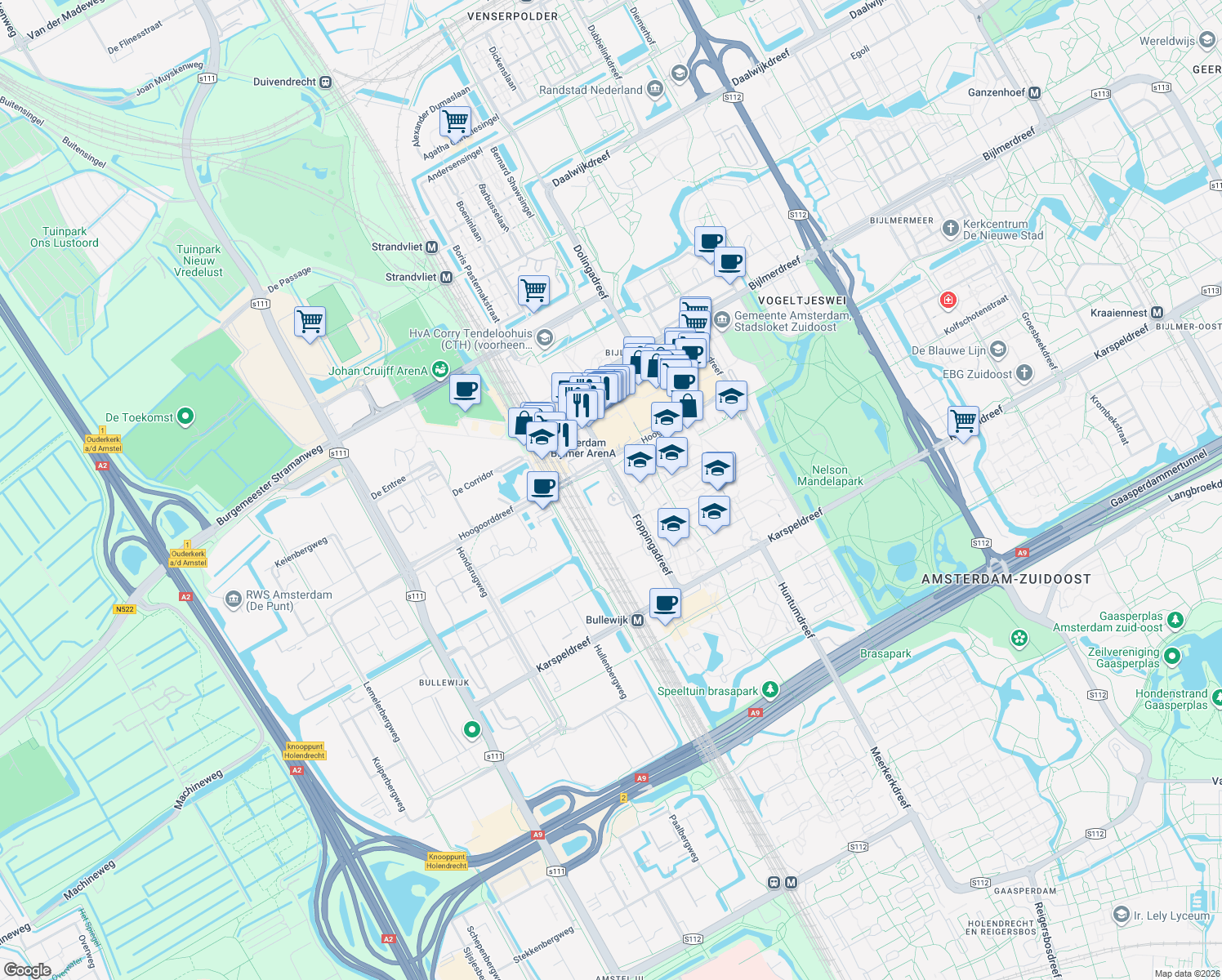map of restaurants, bars, coffee shops, grocery stores, and more near 20 Foppingadreef in Amsterdam-Zuidoost