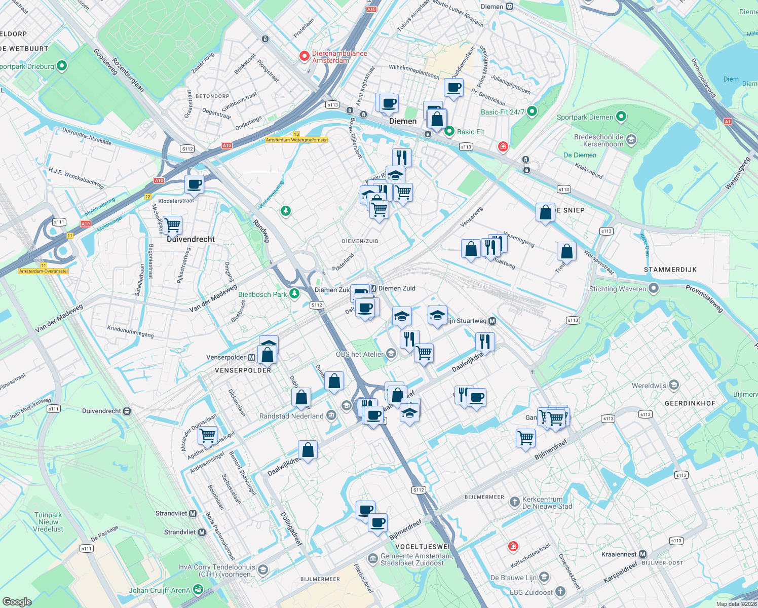 map of restaurants, bars, coffee shops, grocery stores, and more near 6002 Dalsteindreef in Diemen