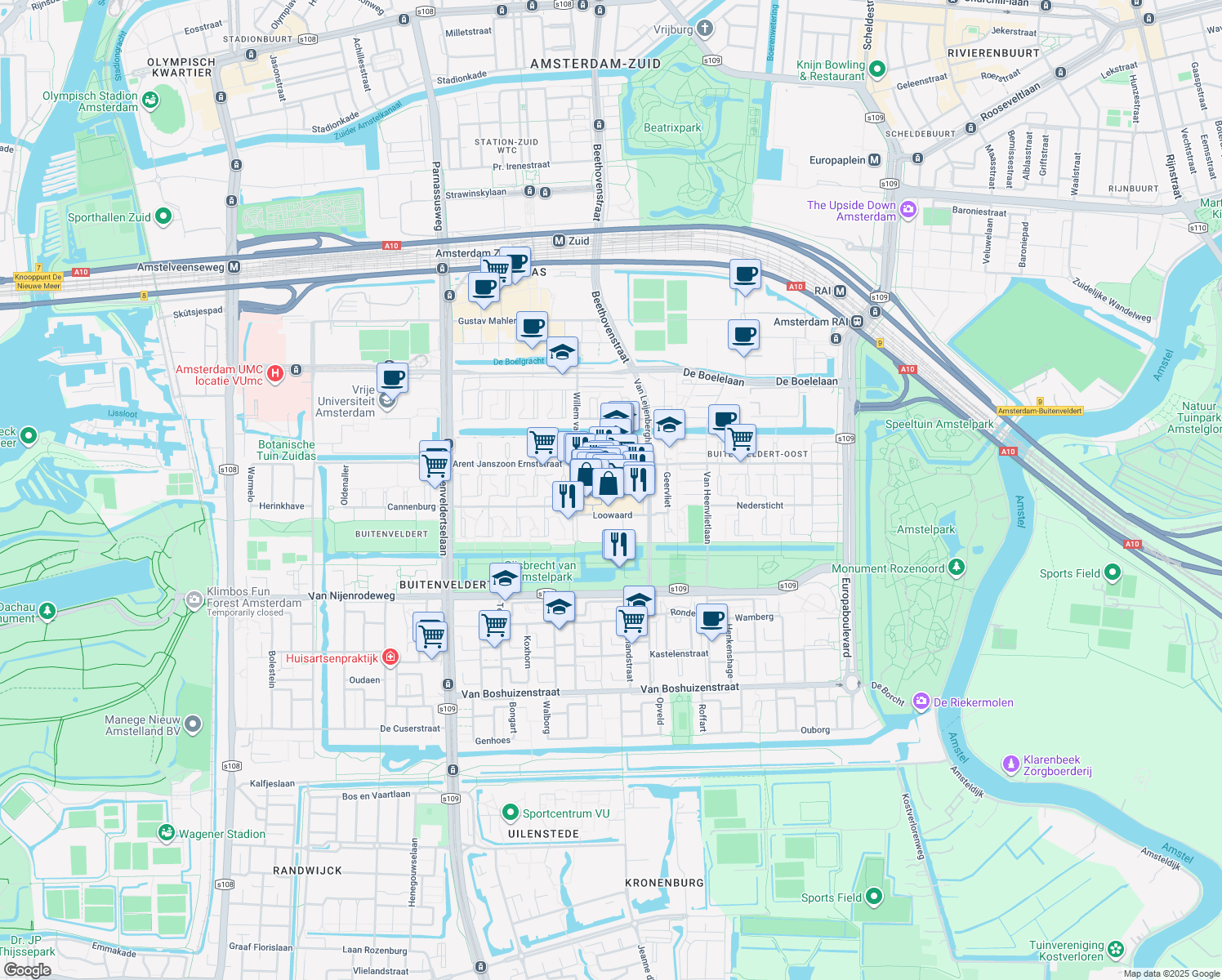 map of restaurants, bars, coffee shops, grocery stores, and more near 577 Arent Janszoon Ernststraat in Amsterdam