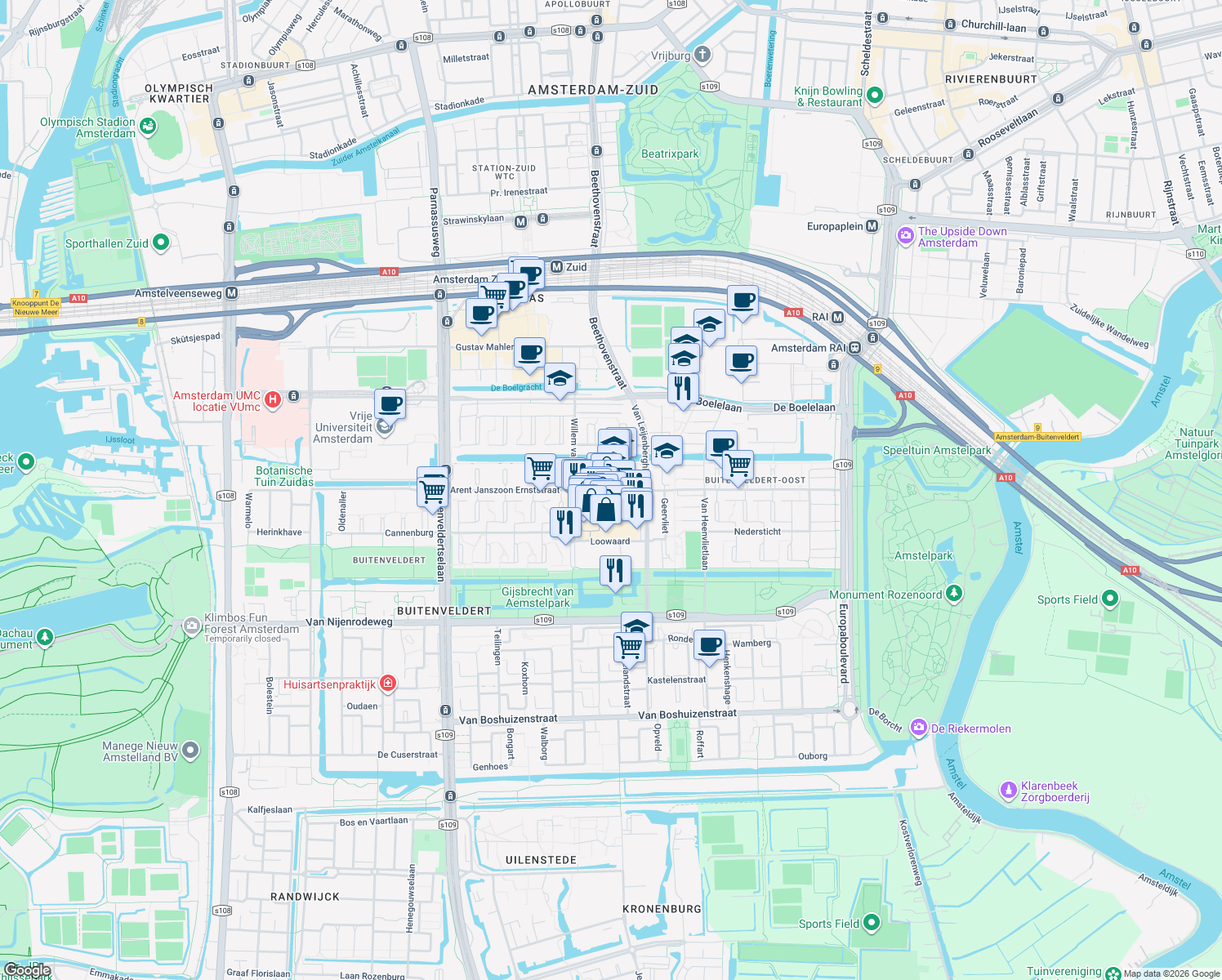 map of restaurants, bars, coffee shops, grocery stores, and more near 577 Arent Janszoon Ernststraat in Amsterdam