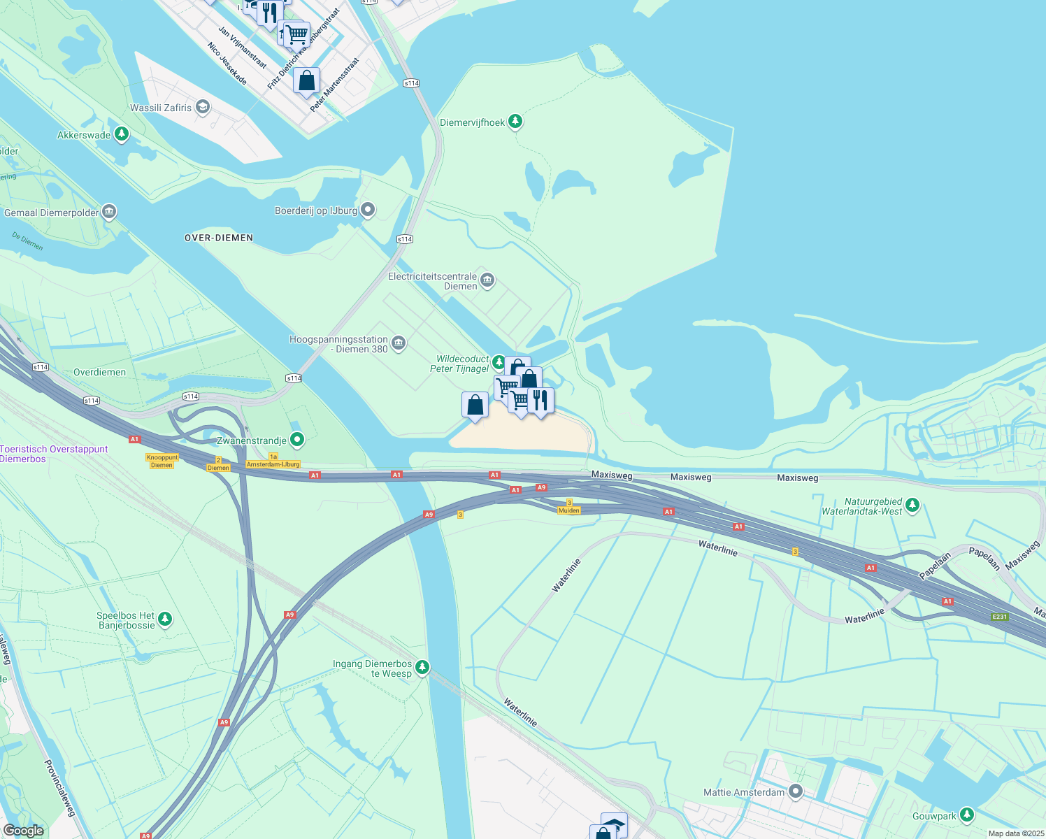 map of restaurants, bars, coffee shops, grocery stores, and more near 1 Pampusweg in Muiden