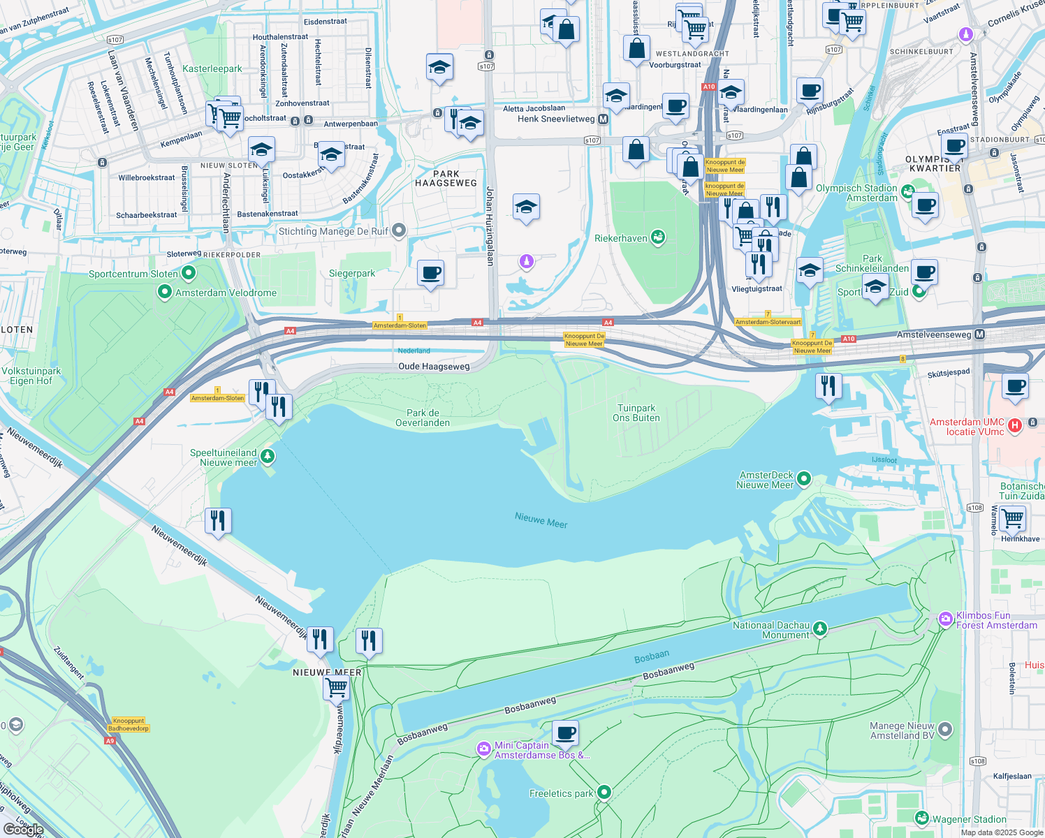 map of restaurants, bars, coffee shops, grocery stores, and more near 40 Riekerweg in Amsterdam
