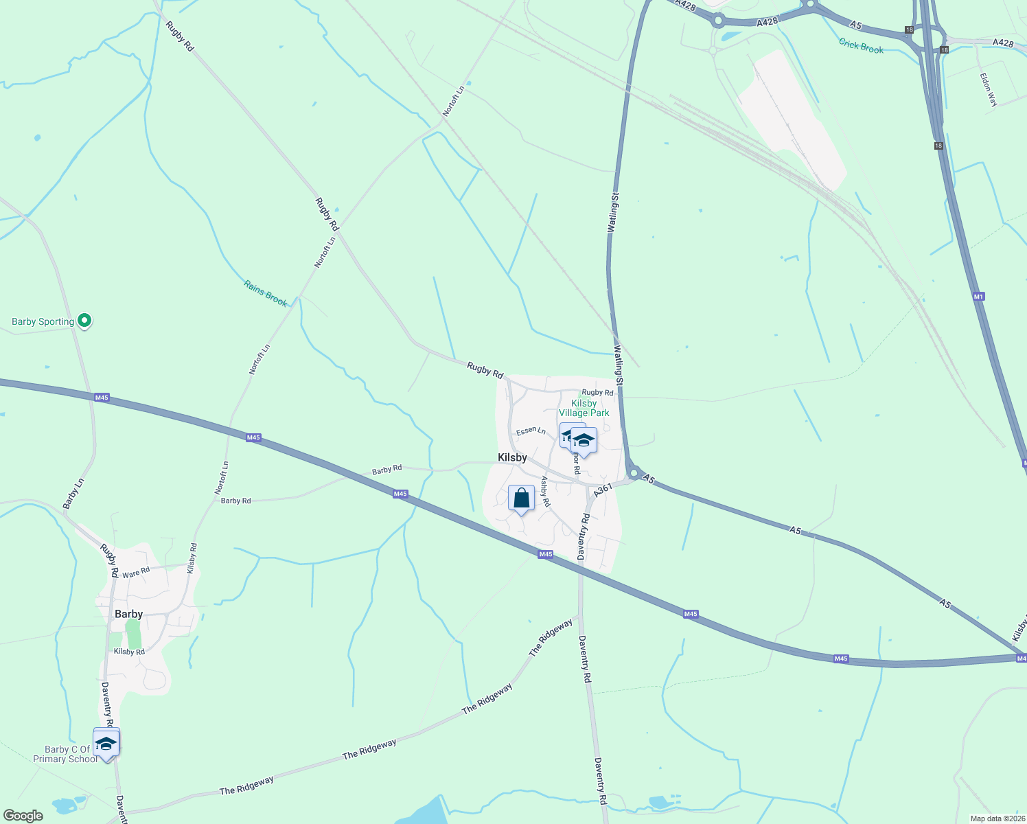 map of restaurants, bars, coffee shops, grocery stores, and more near 26 Main Road in Kilsby