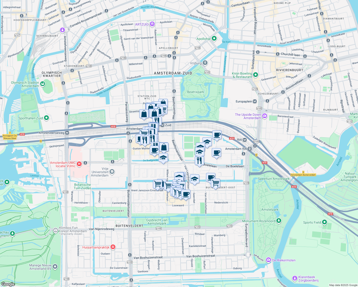 map of restaurants, bars, coffee shops, grocery stores, and more near 539 Beethovenstraat in Amsterdam