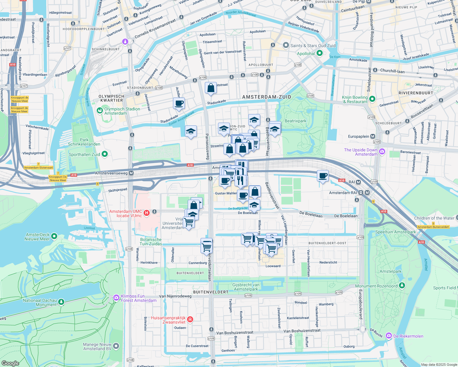 map of restaurants, bars, coffee shops, grocery stores, and more near 10 Gustav Mahlerlaan in Amsterdam