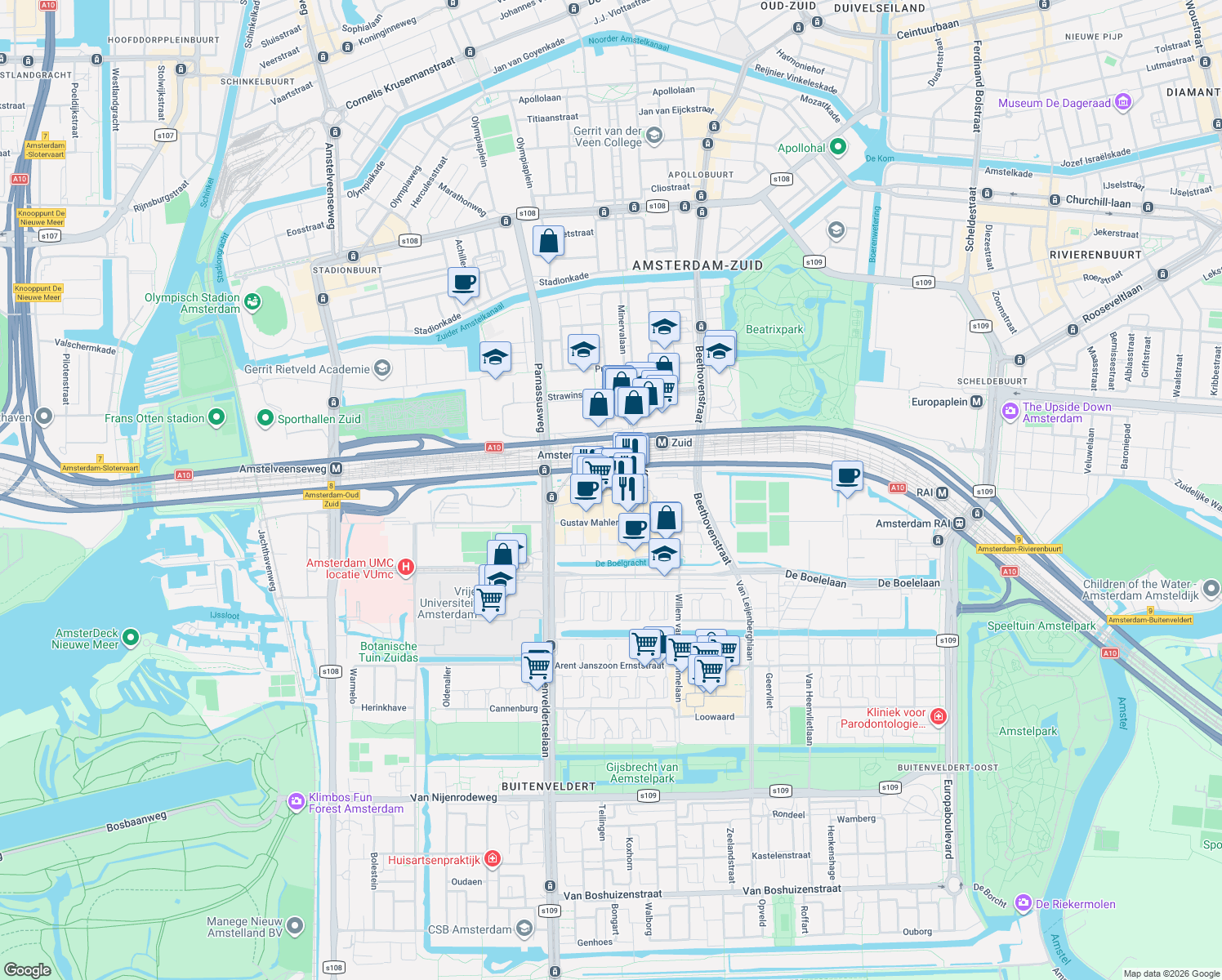 map of restaurants, bars, coffee shops, grocery stores, and more near 46 Claude Debussylaan in Amsterdam