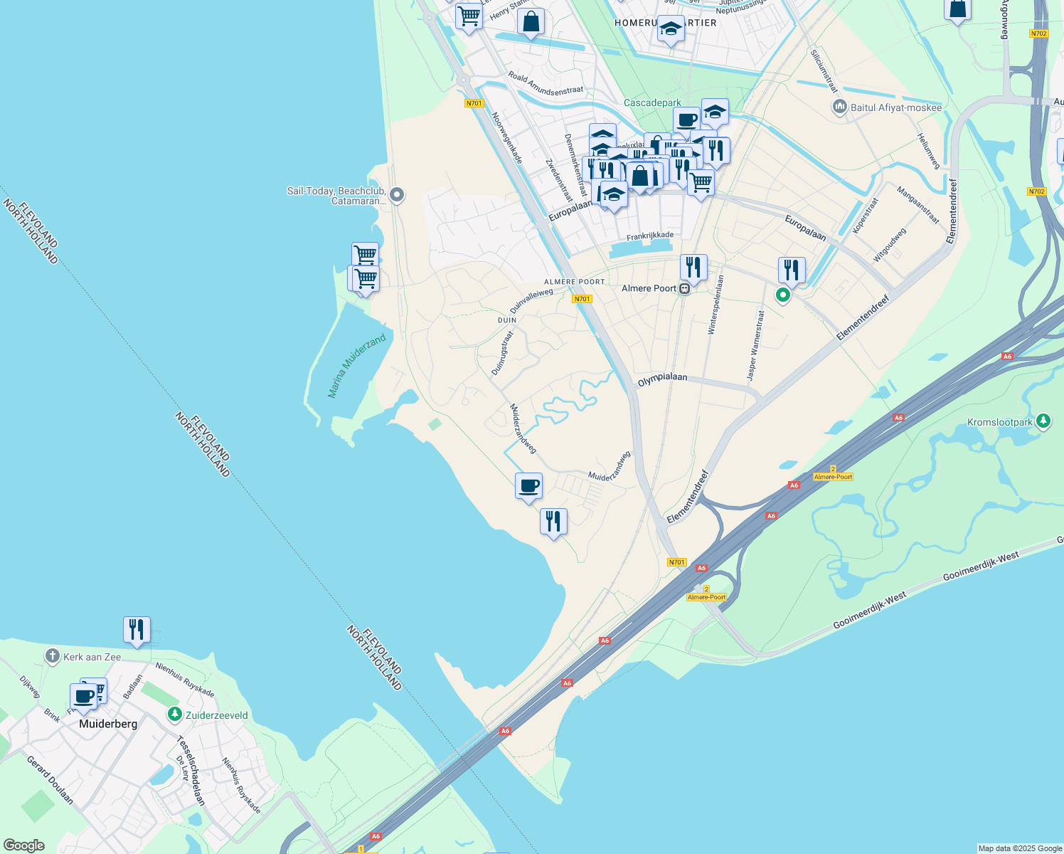 map of restaurants, bars, coffee shops, grocery stores, and more near Muiderzandweg in Almere