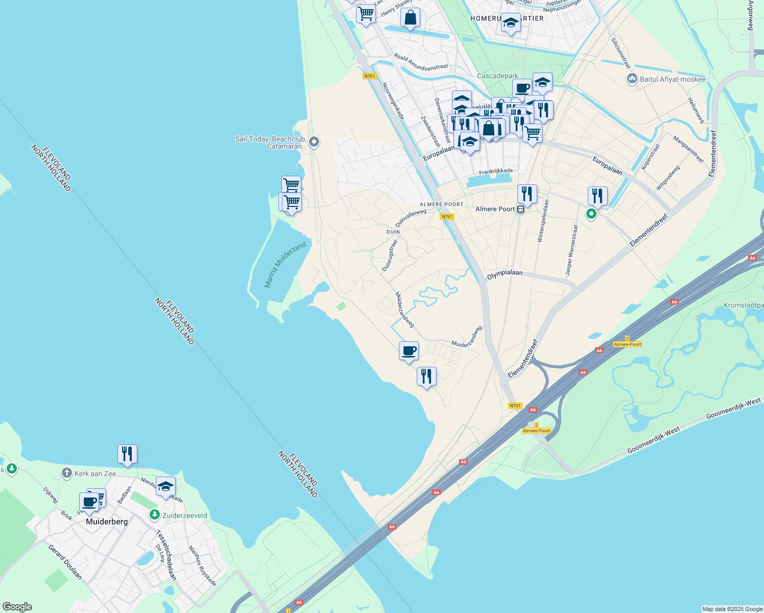 map of restaurants, bars, coffee shops, grocery stores, and more near Muiderzandweg in Almere