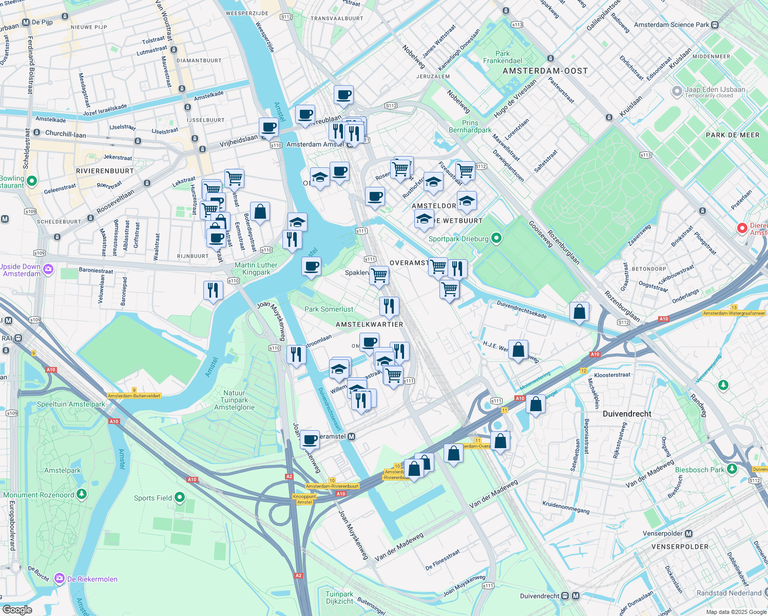 map of restaurants, bars, coffee shops, grocery stores, and more near 4 Amstelvlietstraat in Amsterdam