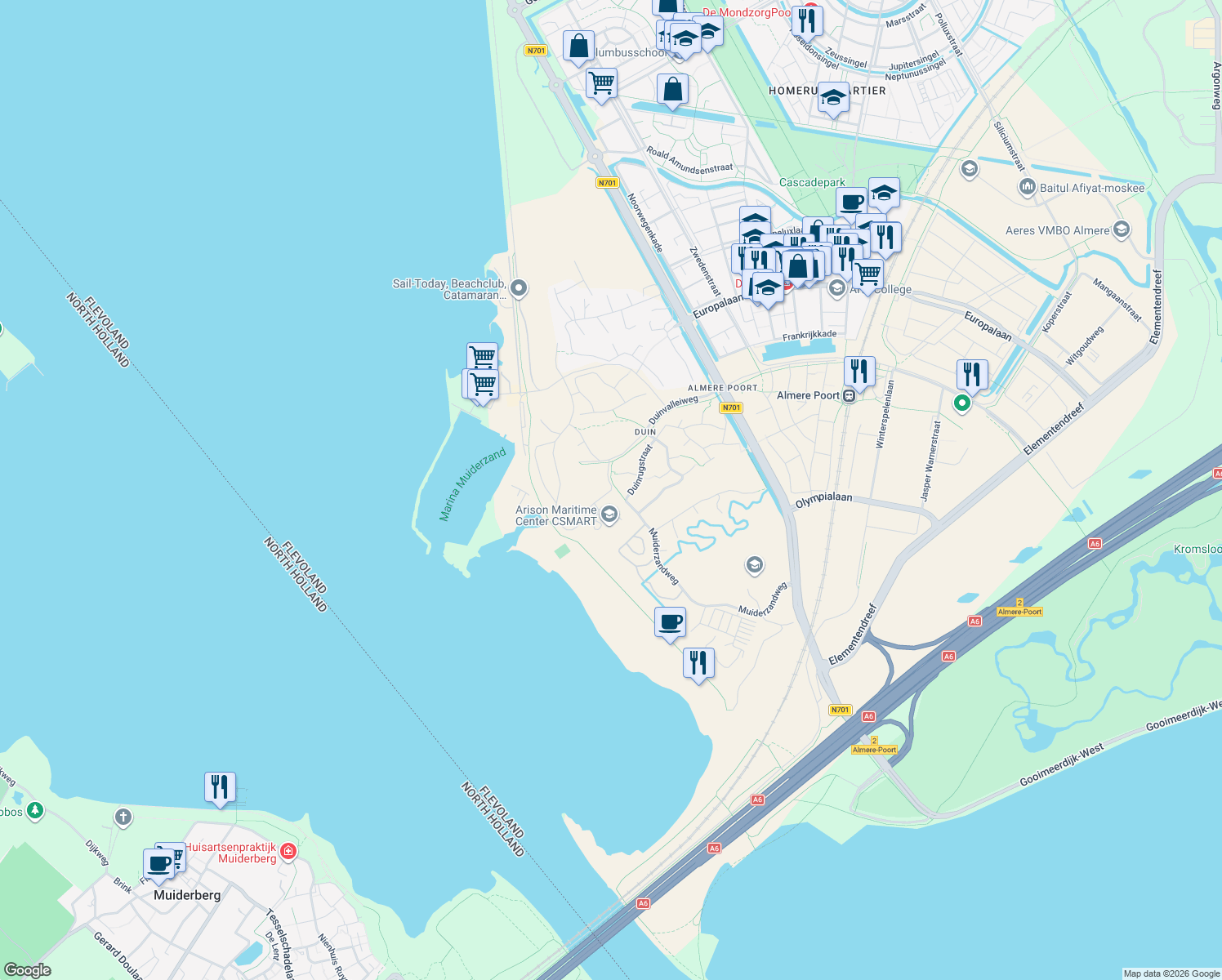 map of restaurants, bars, coffee shops, grocery stores, and more near Zeeduinweg in Almere