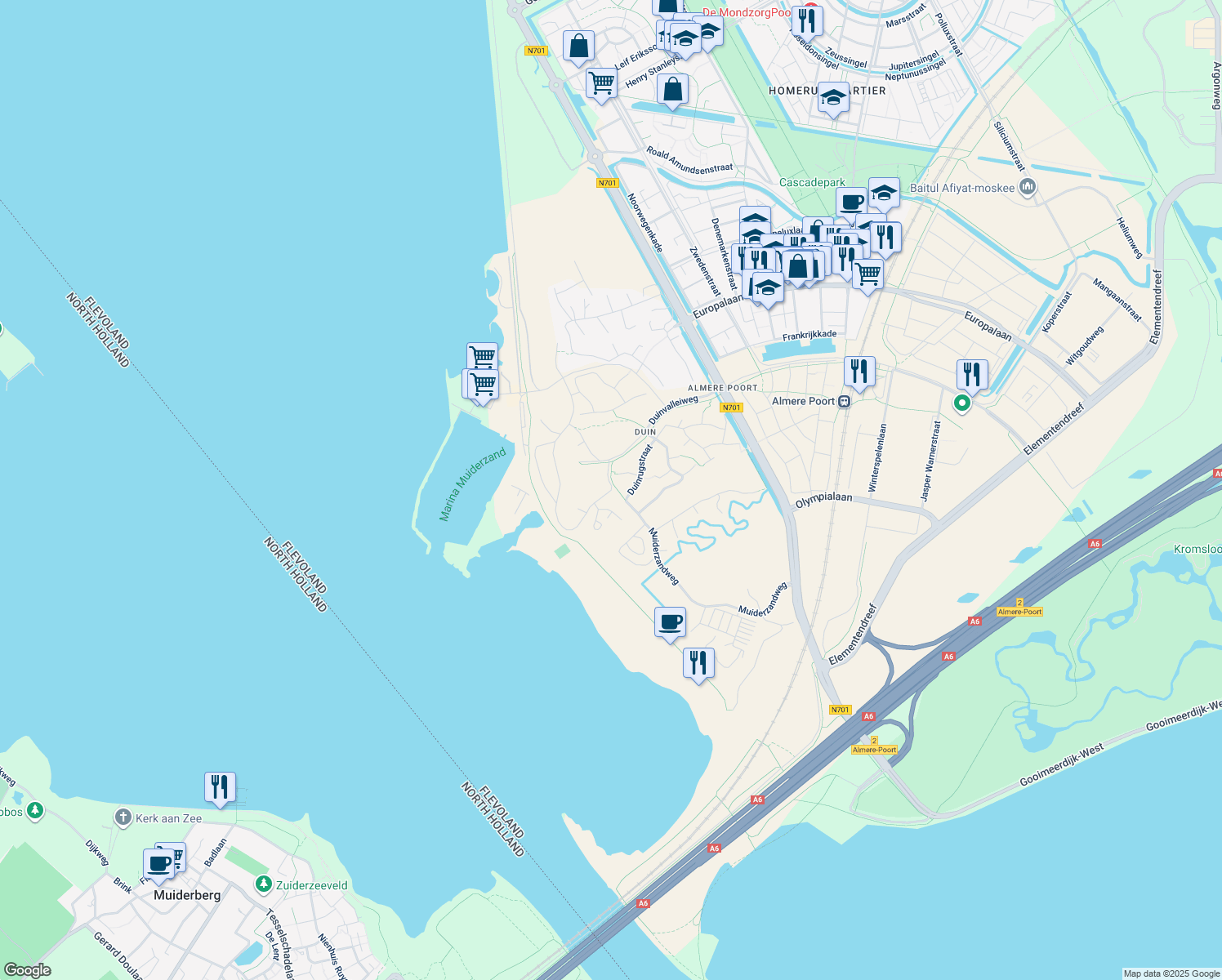 map of restaurants, bars, coffee shops, grocery stores, and more near Zeeduinweg in Almere