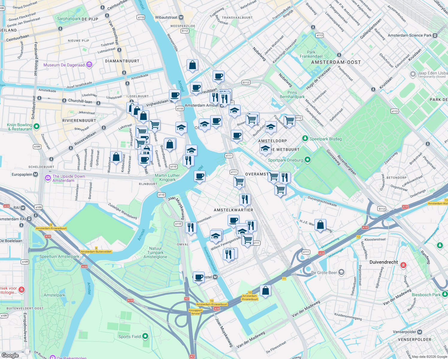 map of restaurants, bars, coffee shops, grocery stores, and more near Welnastraat in Amsterdam