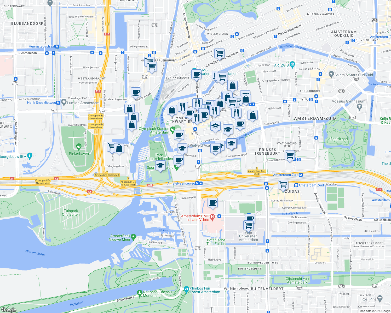 map of restaurants, bars, coffee shops, grocery stores, and more near 1 IJsbaanpad in Amsterdam