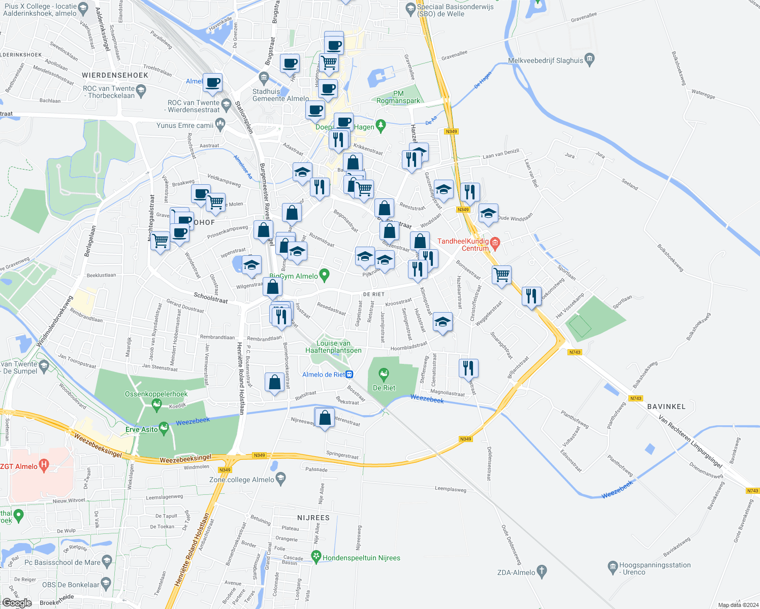 map of restaurants, bars, coffee shops, grocery stores, and more near 2 Kroosstraat in Almelo