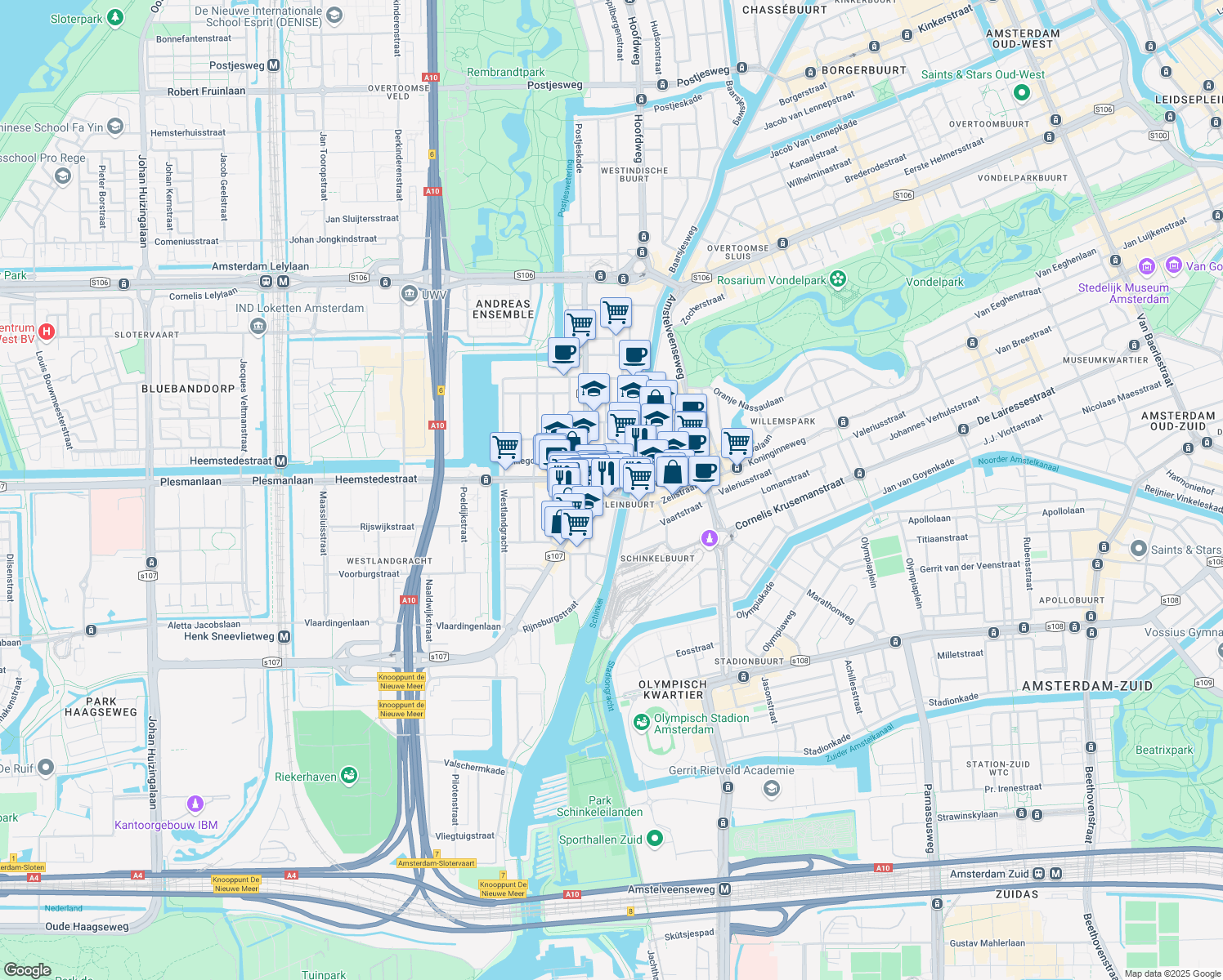 map of restaurants, bars, coffee shops, grocery stores, and more near 8 Hoofddorpweg in Amsterdam