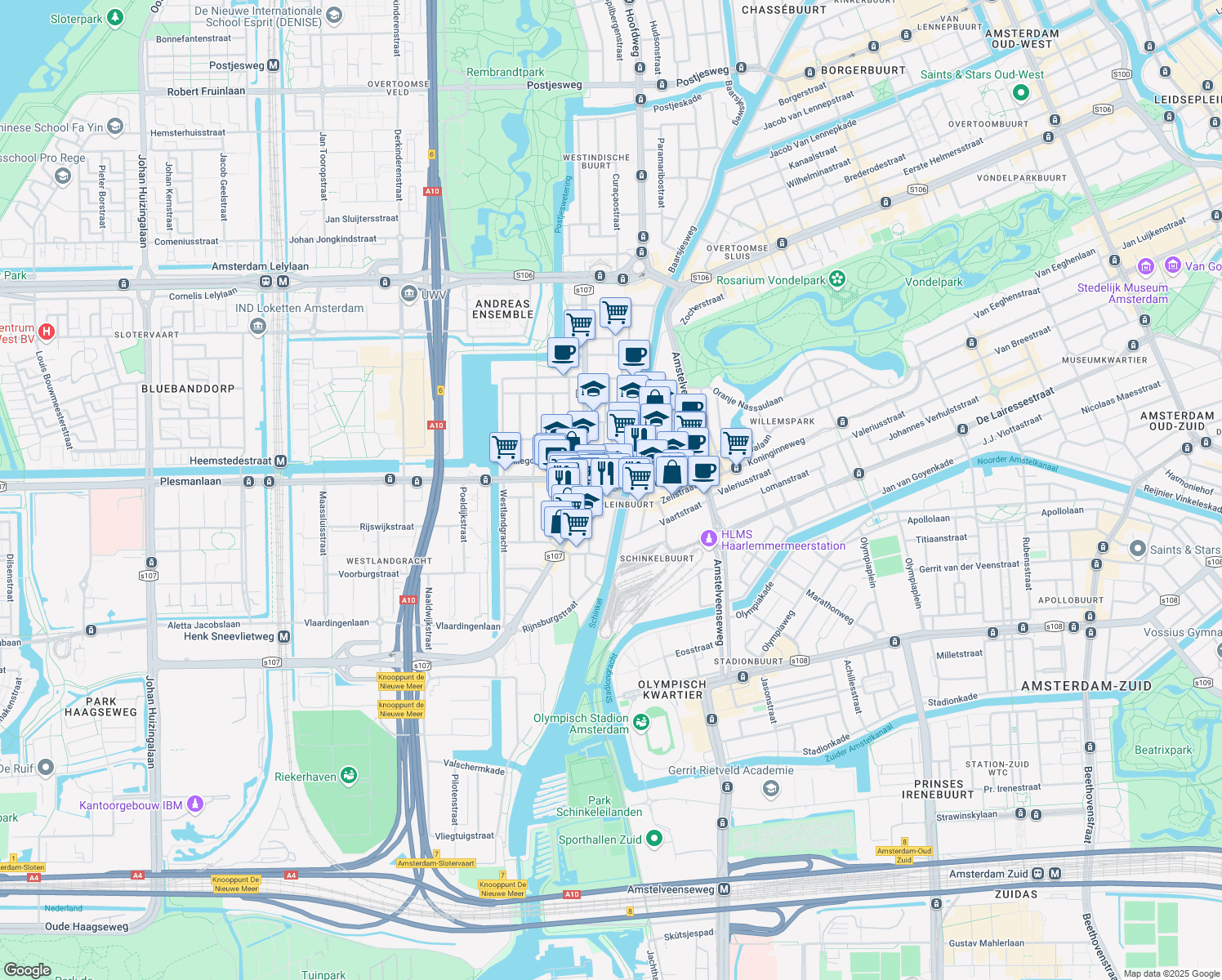map of restaurants, bars, coffee shops, grocery stores, and more near 8 Hoofddorpweg in Amsterdam