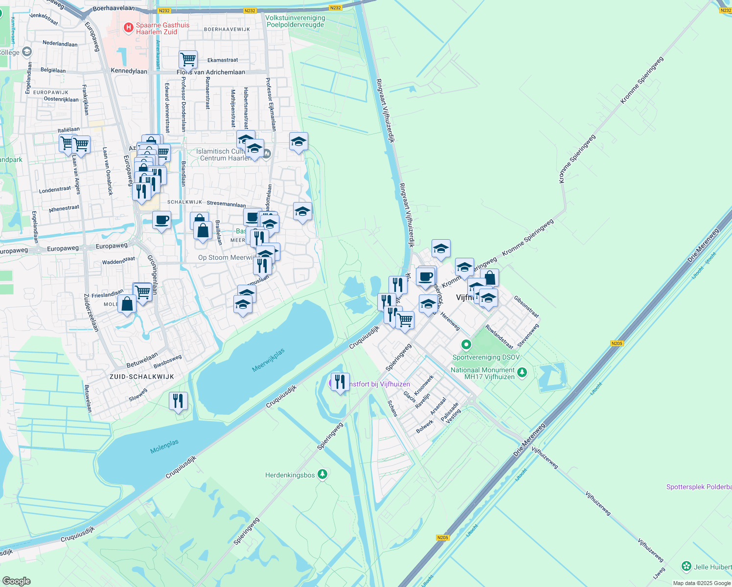map of restaurants, bars, coffee shops, grocery stores, and more near Palingpad in Haarlem