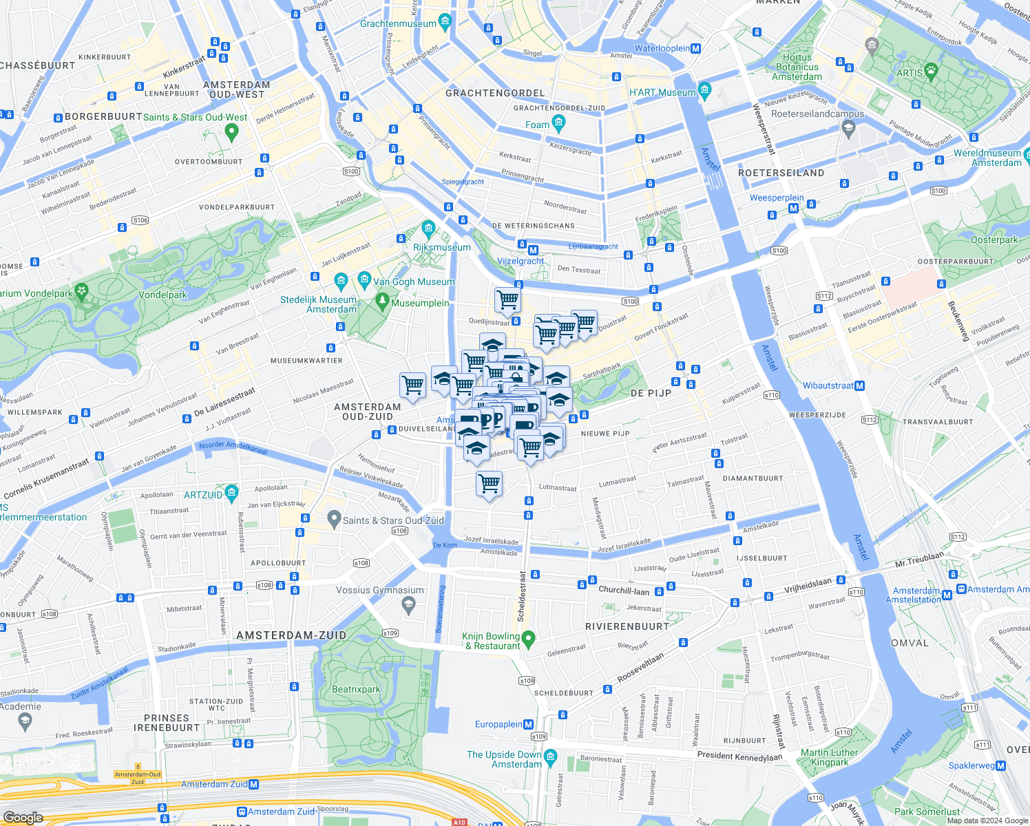 map of restaurants, bars, coffee shops, grocery stores, and more near 86 Eerste Jan van der Heijdenstraat in Amsterdam