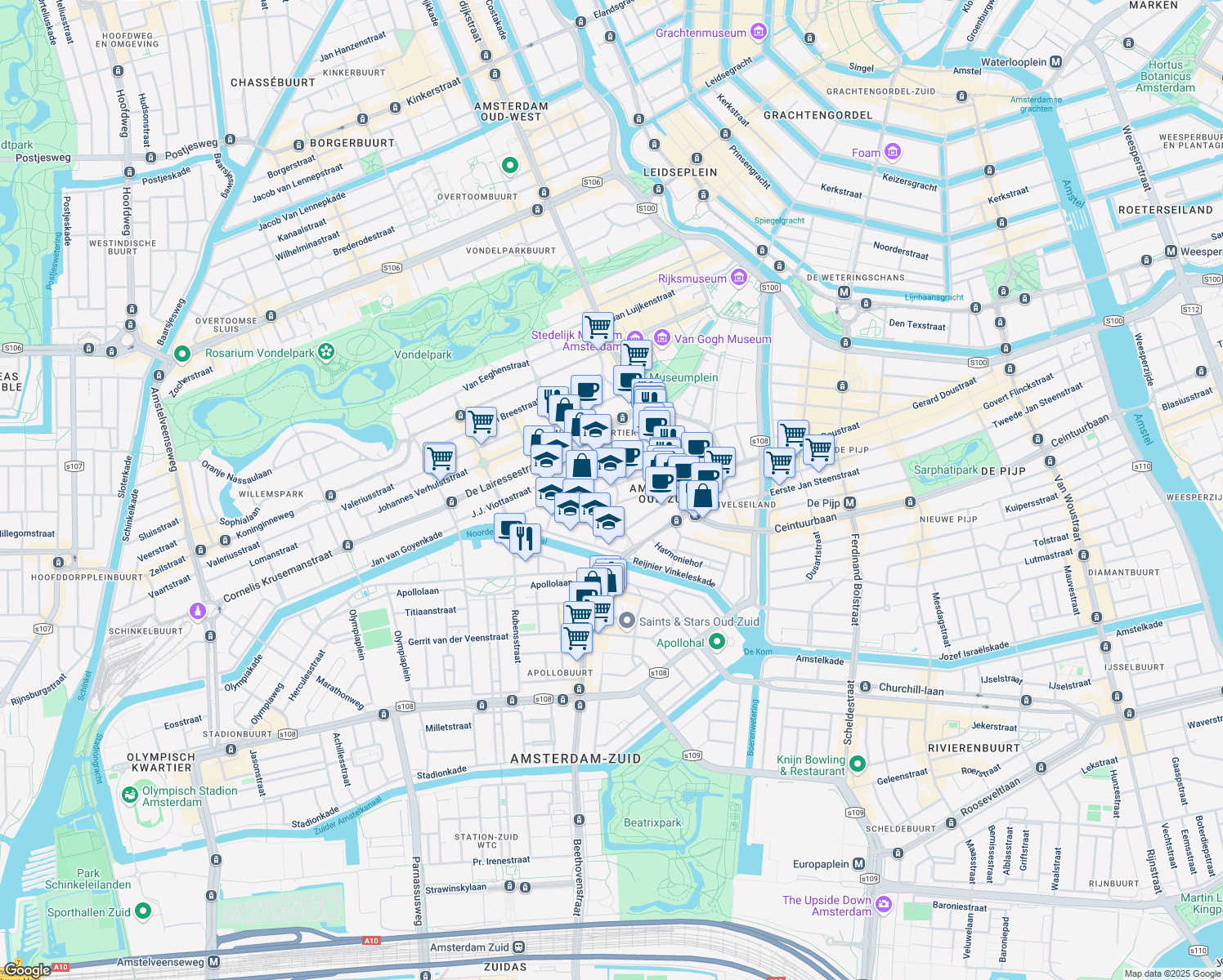 map of restaurants, bars, coffee shops, grocery stores, and more near 119 Frans van Mierisstraat in Amsterdam