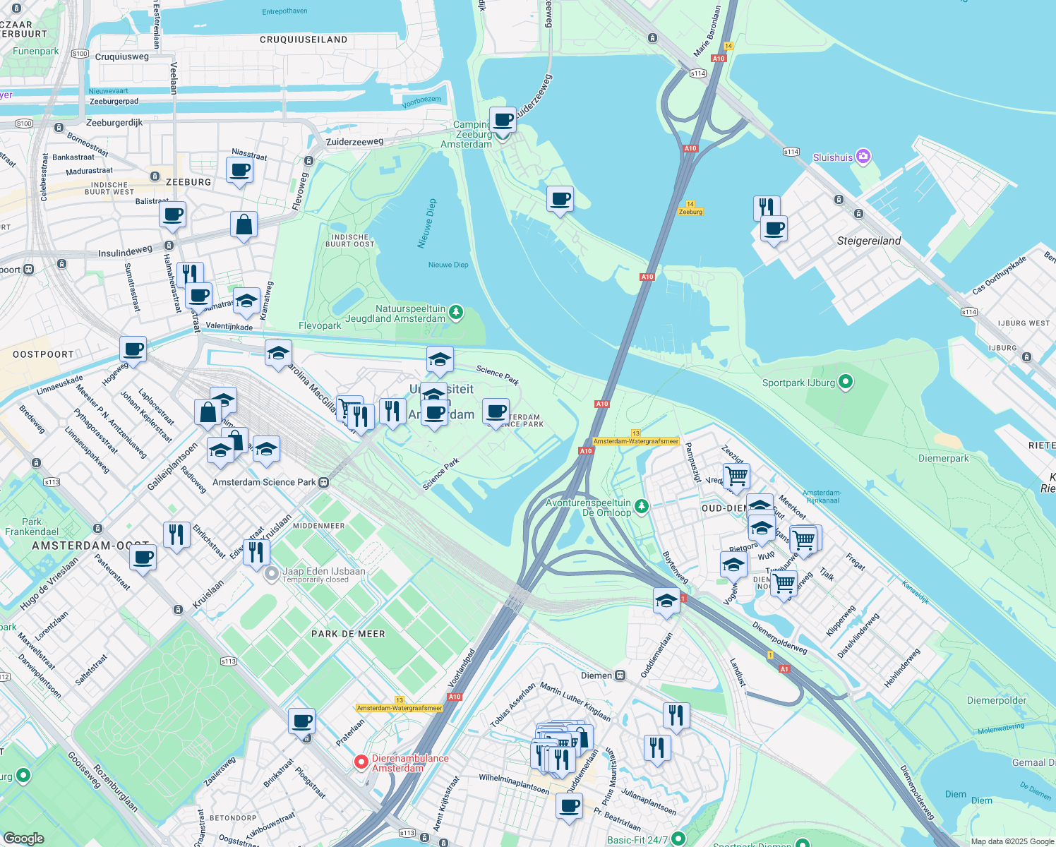 map of restaurants, bars, coffee shops, grocery stores, and more near 610 Science Park in Amsterdam