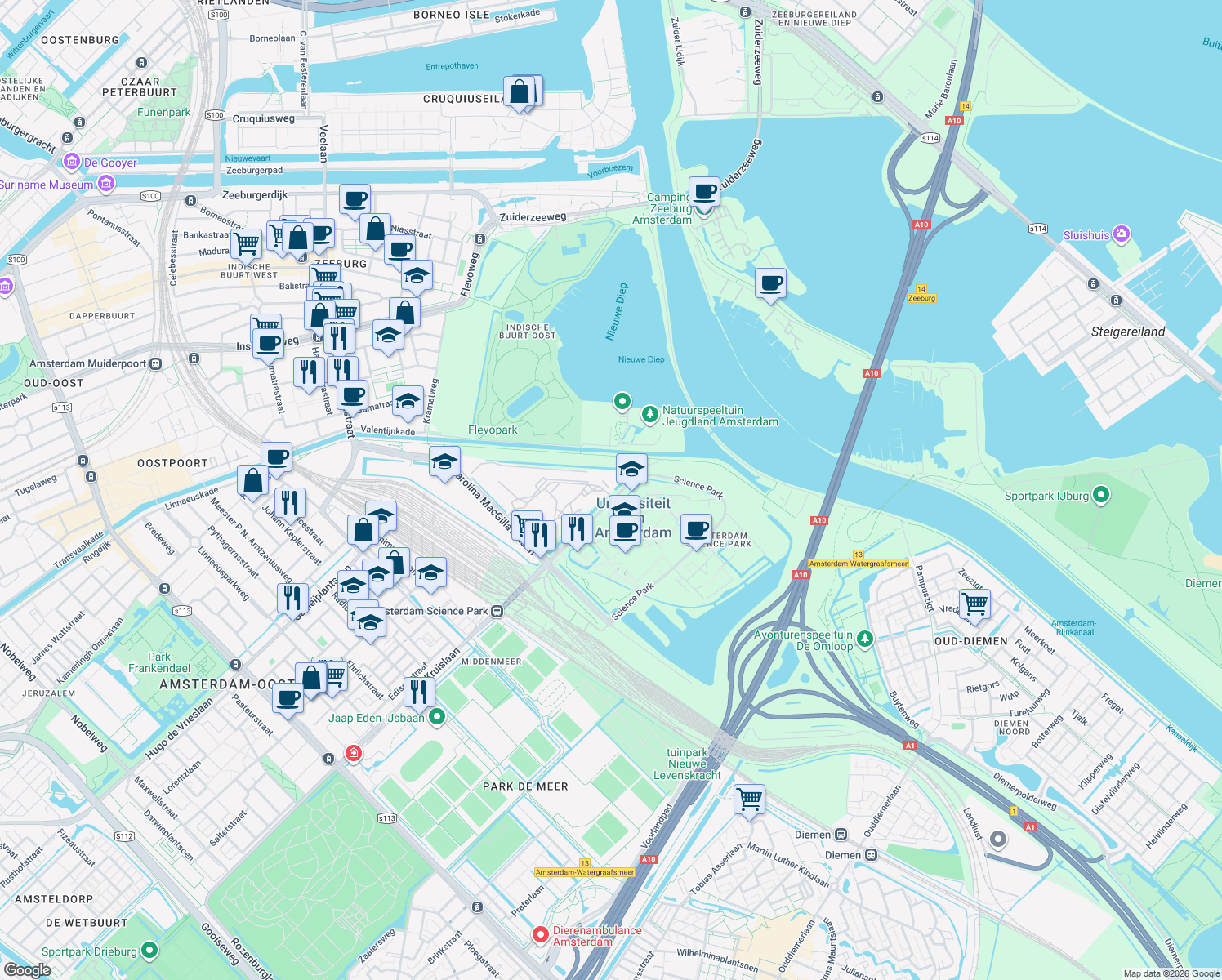 map of restaurants, bars, coffee shops, grocery stores, and more near in Amsterdam