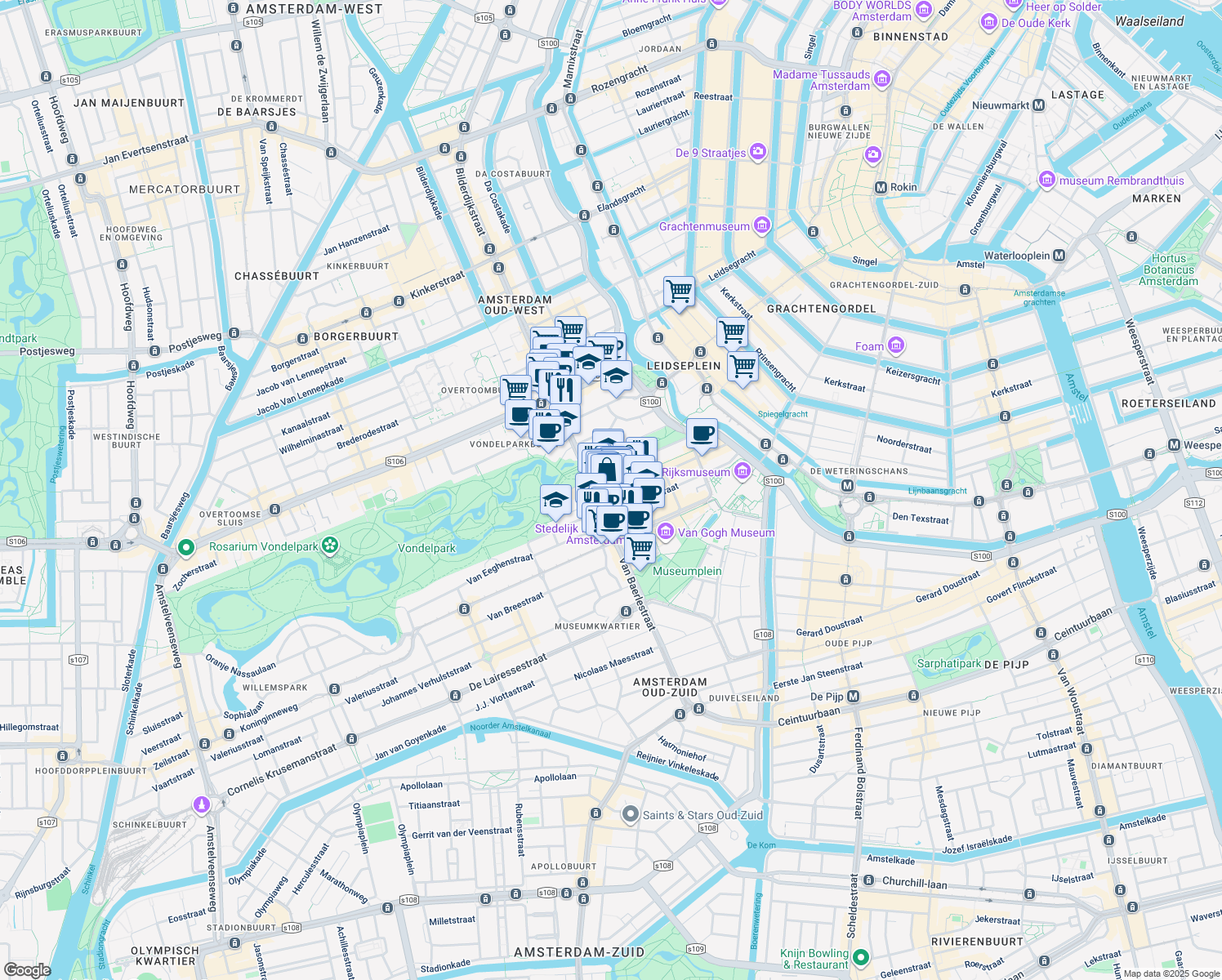 map of restaurants, bars, coffee shops, grocery stores, and more near 132-134 Pieter Cornelisz Hooftstraat in Amsterdam