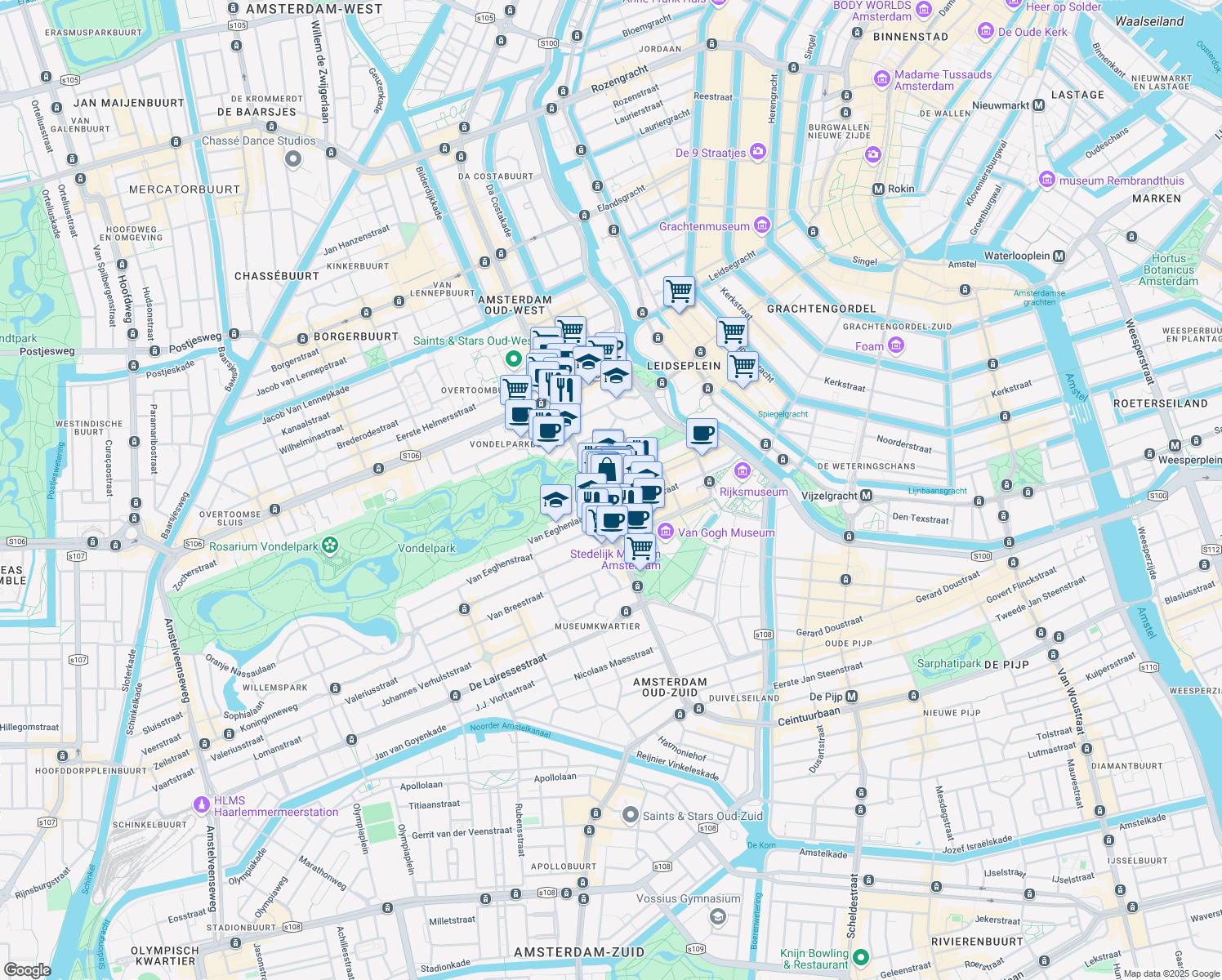 map of restaurants, bars, coffee shops, grocery stores, and more near 132-134 Pieter Cornelisz Hooftstraat in Amsterdam