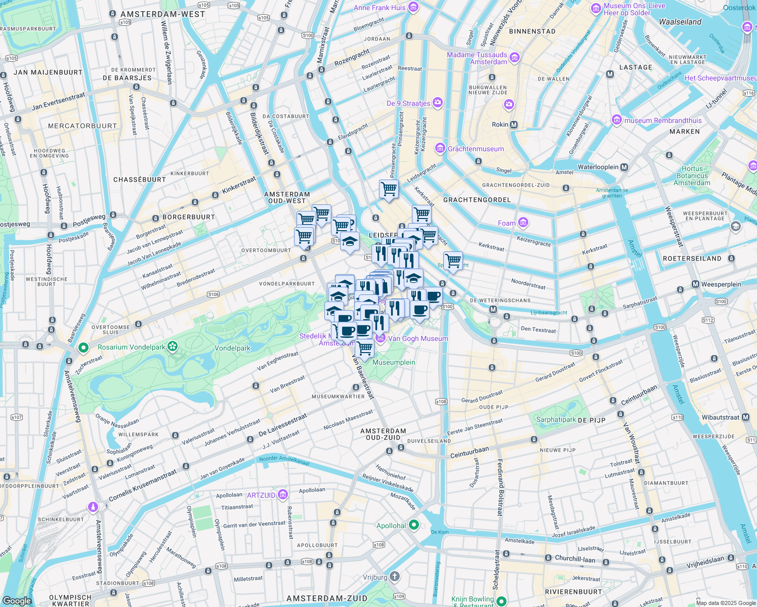 map of restaurants, bars, coffee shops, grocery stores, and more near 65 Pieter Cornelisz Hooftstraat in Amsterdam