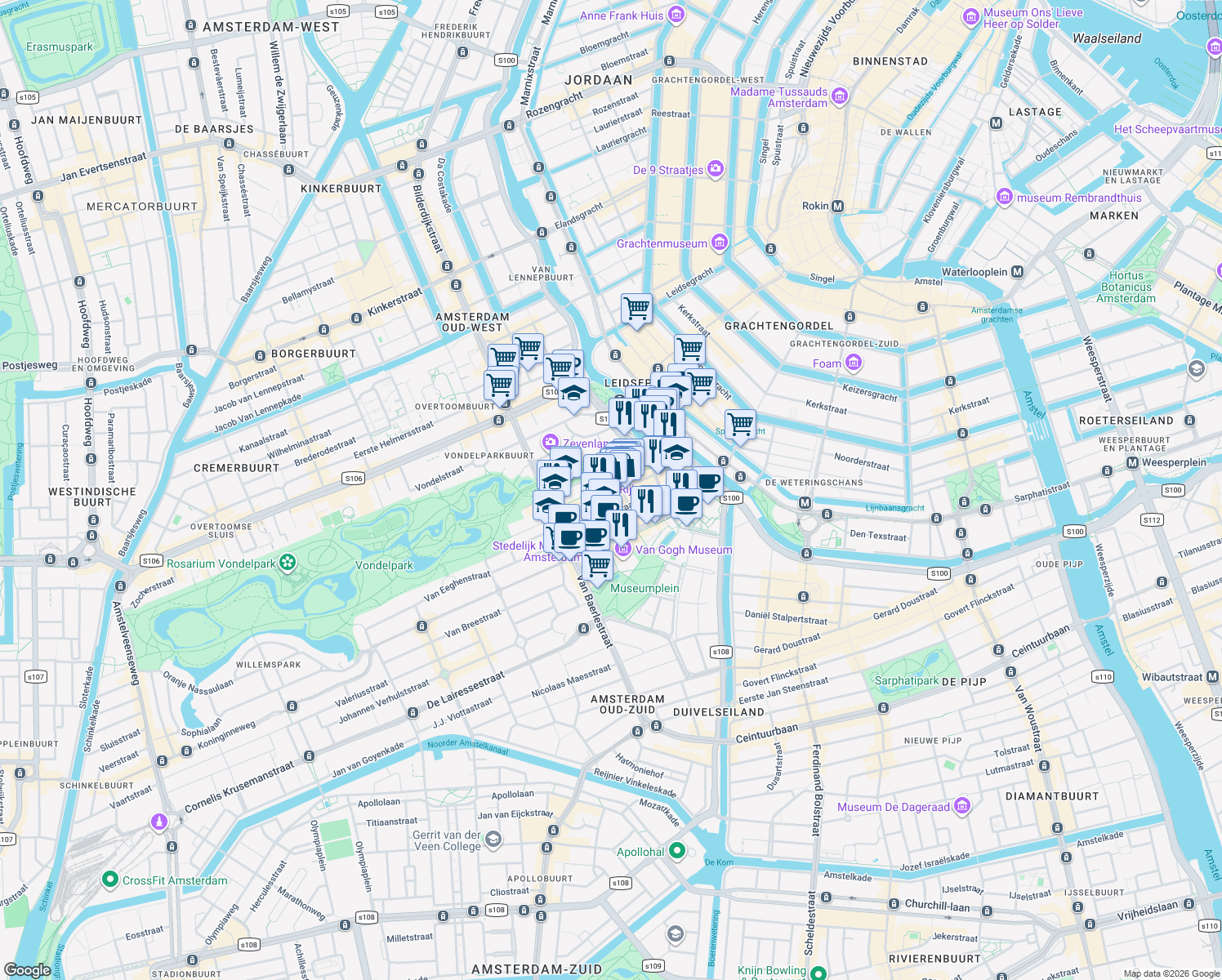 map of restaurants, bars, coffee shops, grocery stores, and more near 78 Pieter Cornelisz Hooftstraat in Amsterdam