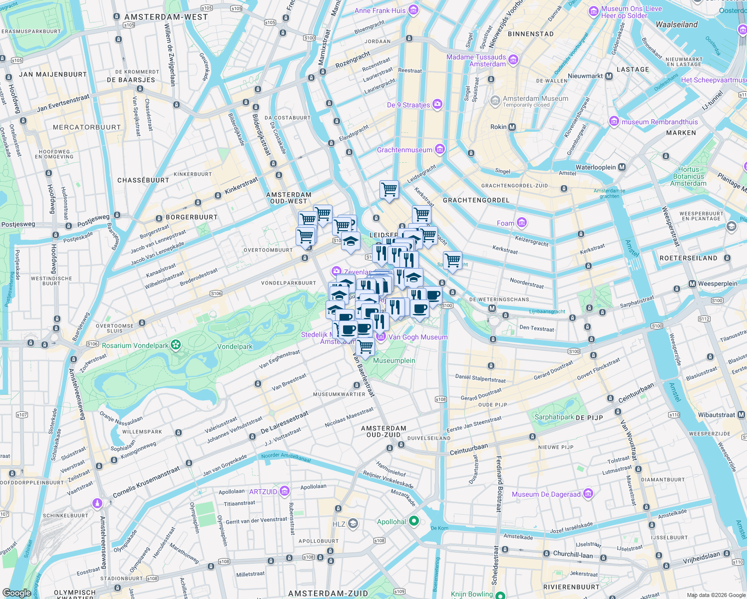 map of restaurants, bars, coffee shops, grocery stores, and more near 78 Pieter Cornelisz Hooftstraat in Amsterdam