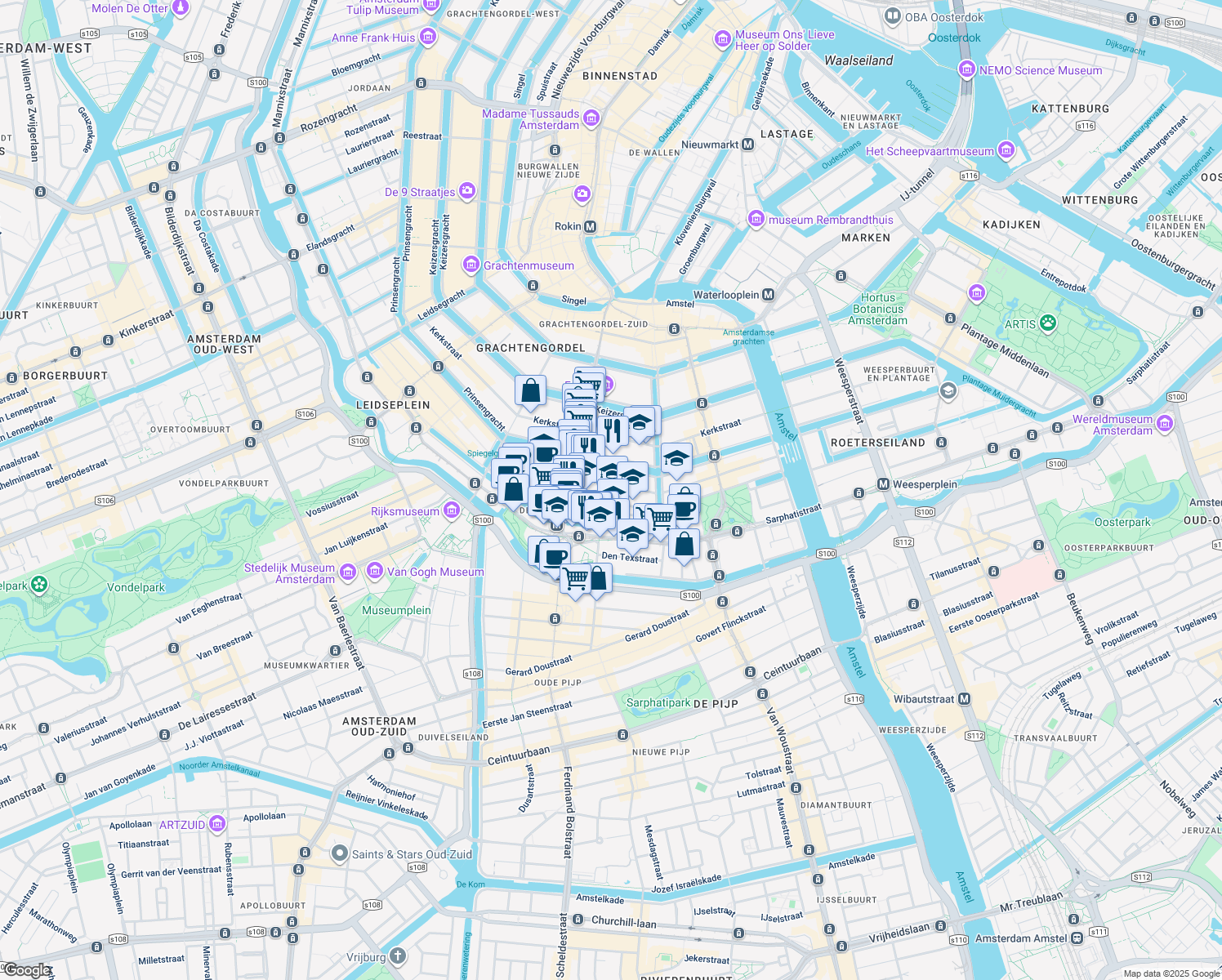 map of restaurants, bars, coffee shops, grocery stores, and more near 46 Noorderstraat in Amsterdam