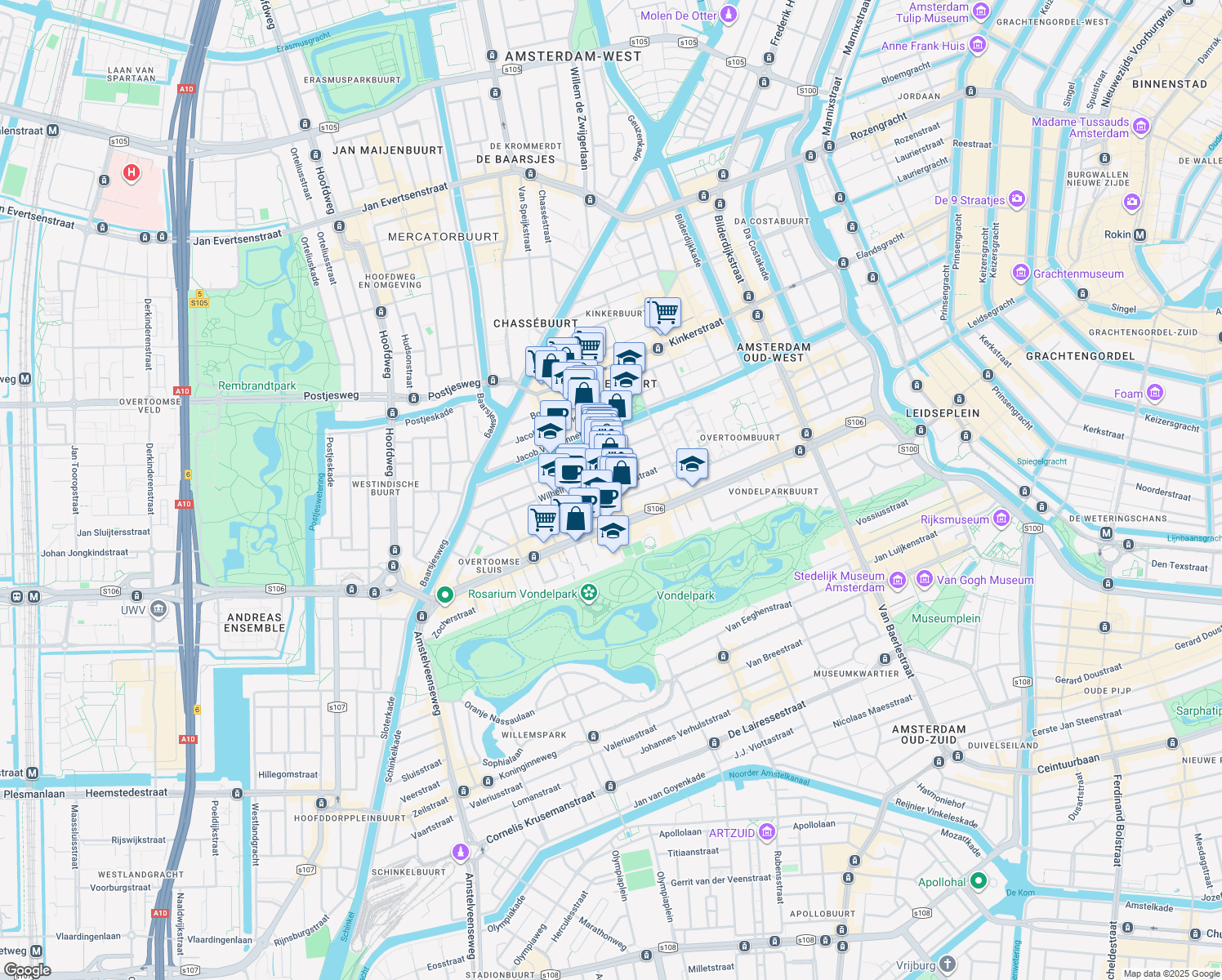 map of restaurants, bars, coffee shops, grocery stores, and more near Brederodestraat in Amsterdam