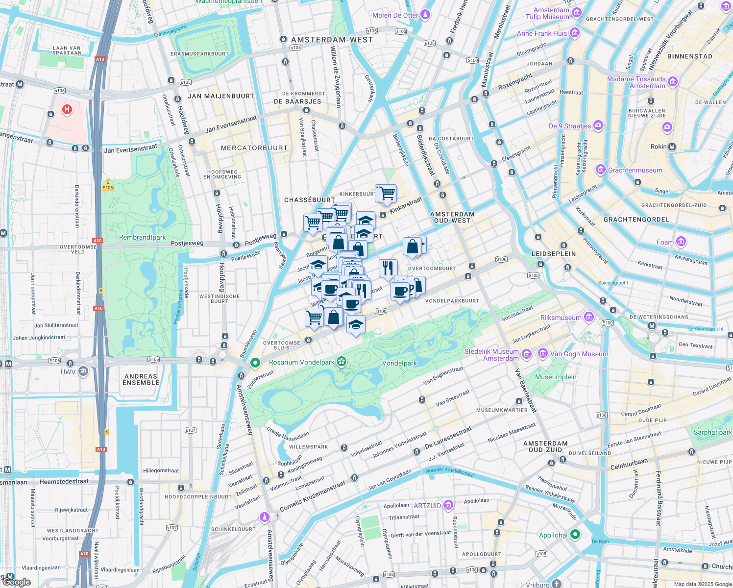 map of restaurants, bars, coffee shops, grocery stores, and more near Brederodestraat in Amsterdam