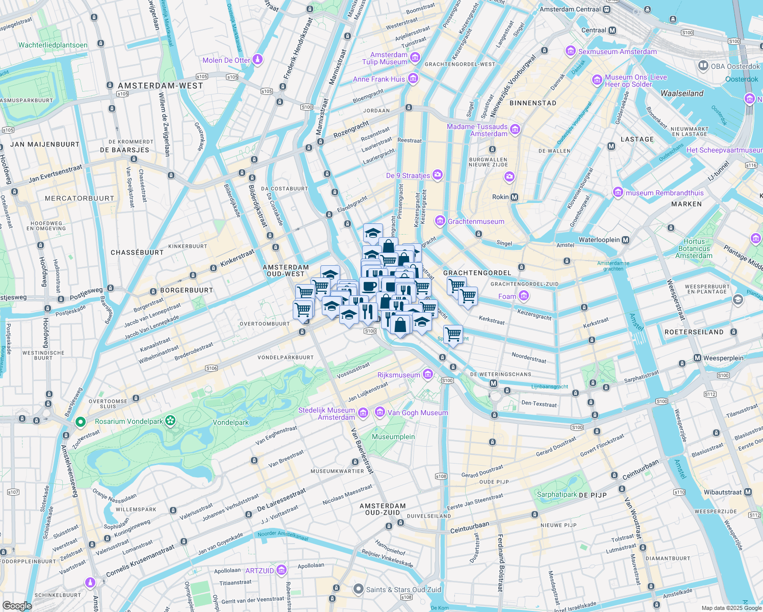 map of restaurants, bars, coffee shops, grocery stores, and more near 97 Leidsekade in Amsterdam