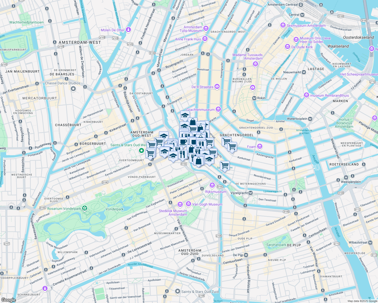 map of restaurants, bars, coffee shops, grocery stores, and more near 97 Leidsekade in Amsterdam