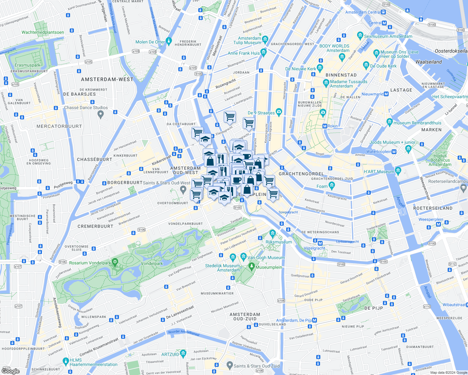 map of restaurants, bars, coffee shops, grocery stores, and more near 80 Leidsekade in Amsterdam