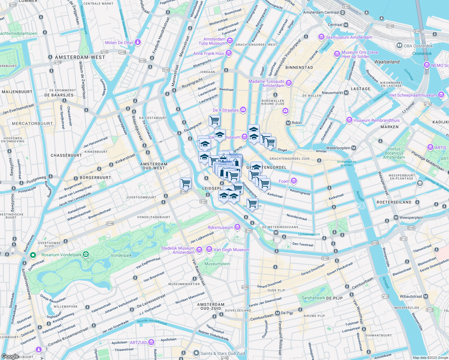 map of restaurants, bars, coffee shops, grocery stores, and more near in Amsterdam
