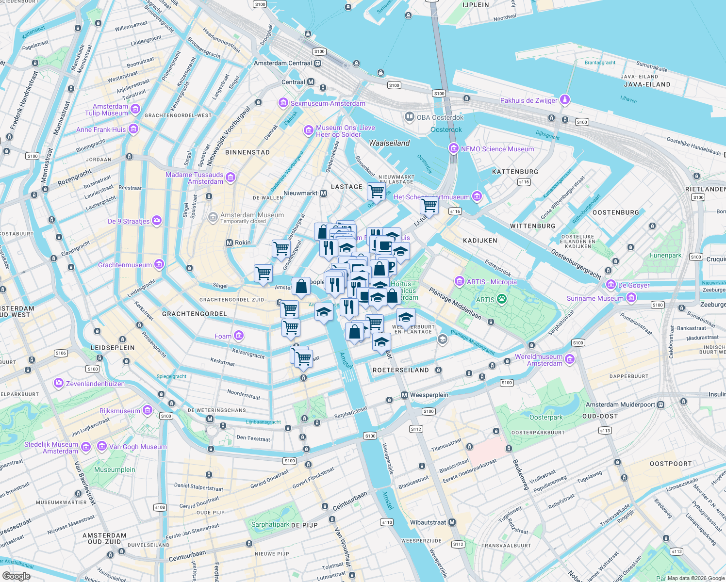 map of restaurants, bars, coffee shops, grocery stores, and more near 20 Jonas Daniël Meijerplein in Amsterdam