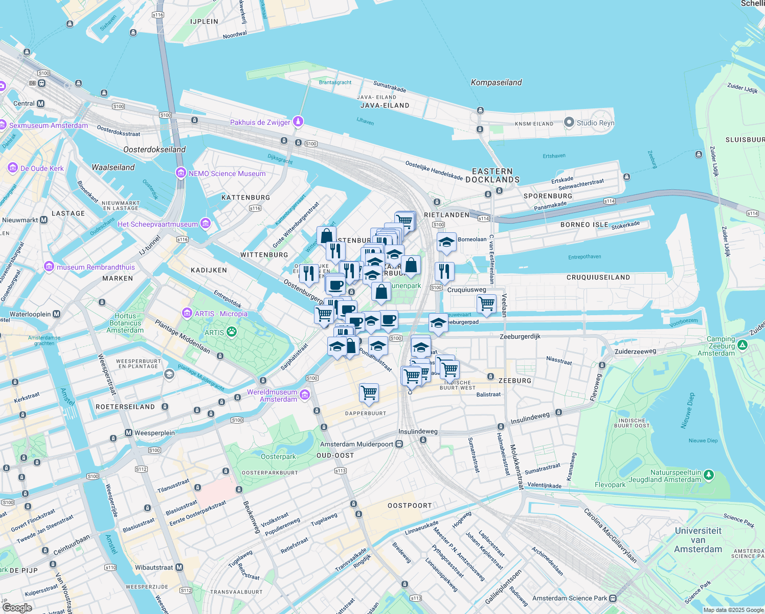 map of restaurants, bars, coffee shops, grocery stores, and more near 119 Cruquiuskade in Amsterdam