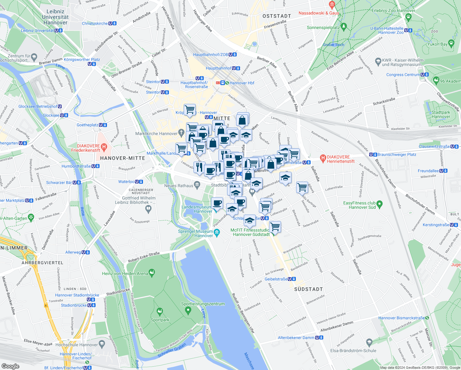 map of restaurants, bars, coffee shops, grocery stores, and more near 10 Friedrichswall in Hanover