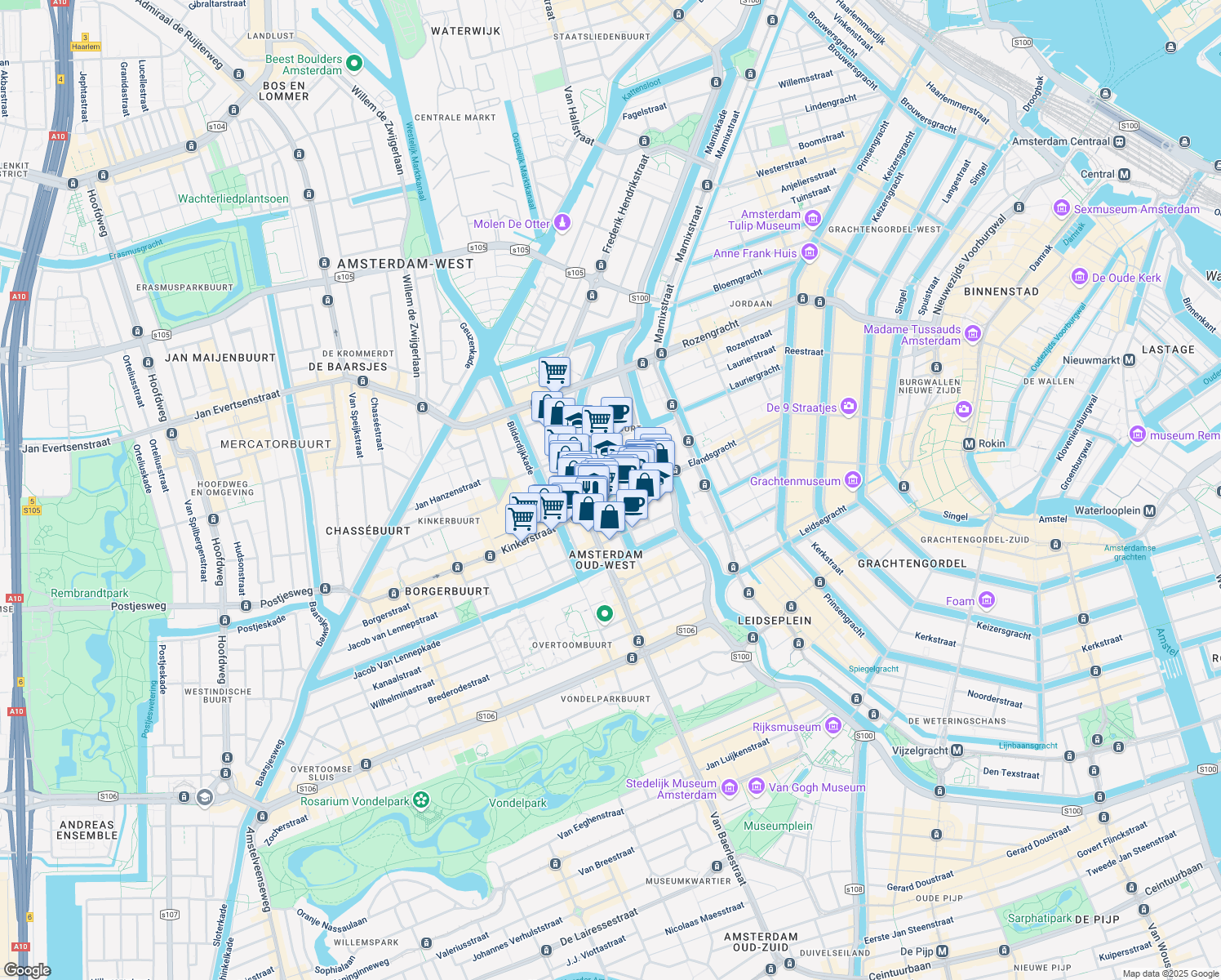 map of restaurants, bars, coffee shops, grocery stores, and more near 365 Da Costakade in Amsterdam