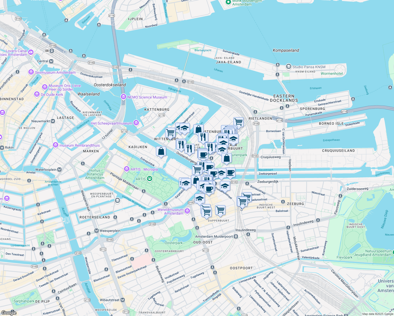 map of restaurants, bars, coffee shops, grocery stores, and more near Admiraliteitstraat in Amsterdam