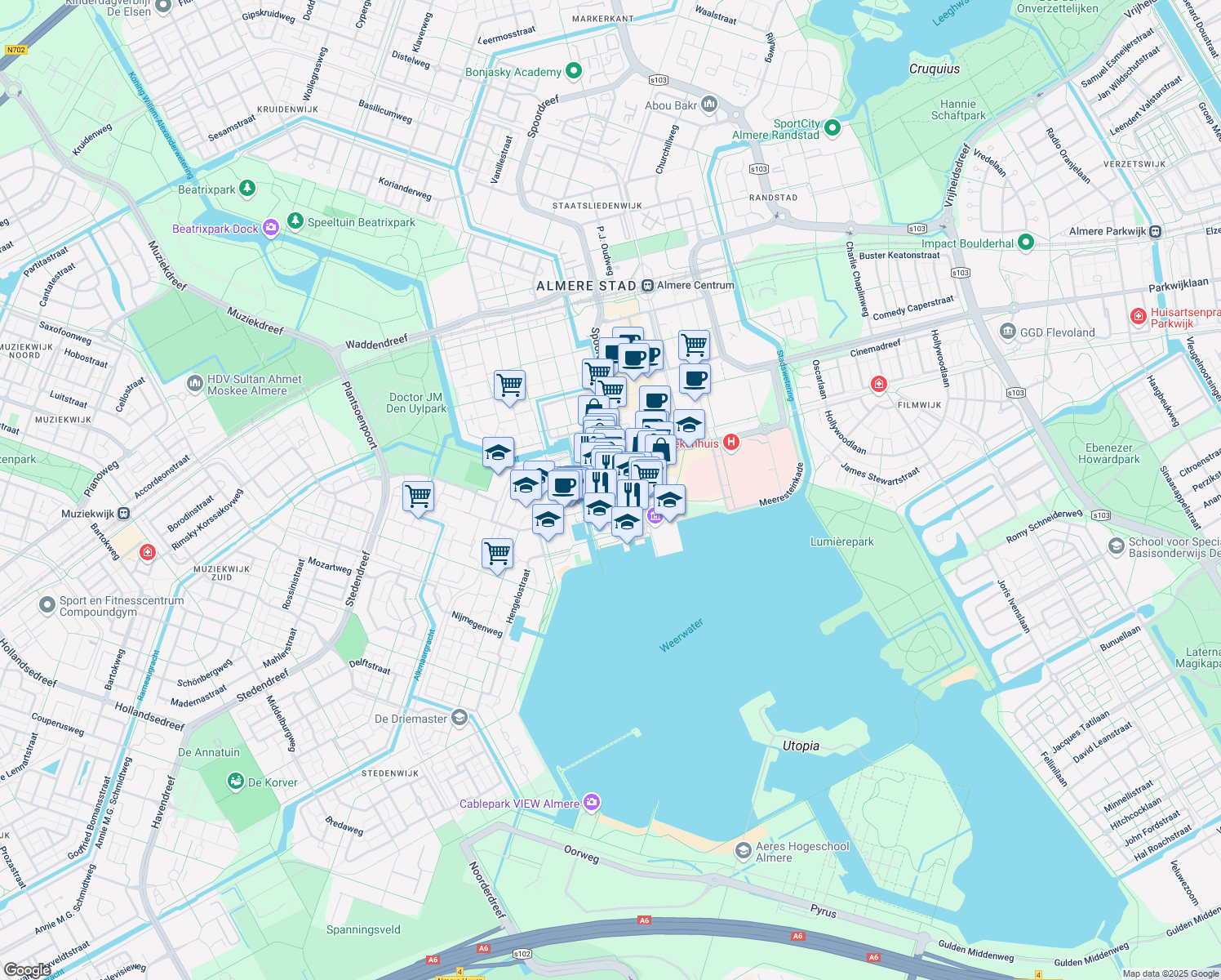 map of restaurants, bars, coffee shops, grocery stores, and more near Zadelmakerstraat in Almere