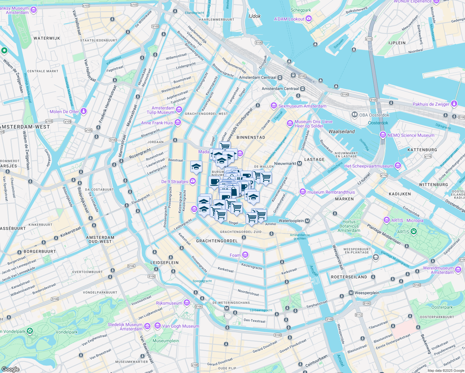 map of restaurants, bars, coffee shops, grocery stores, and more near 87 Kalverstraat in Amsterdam