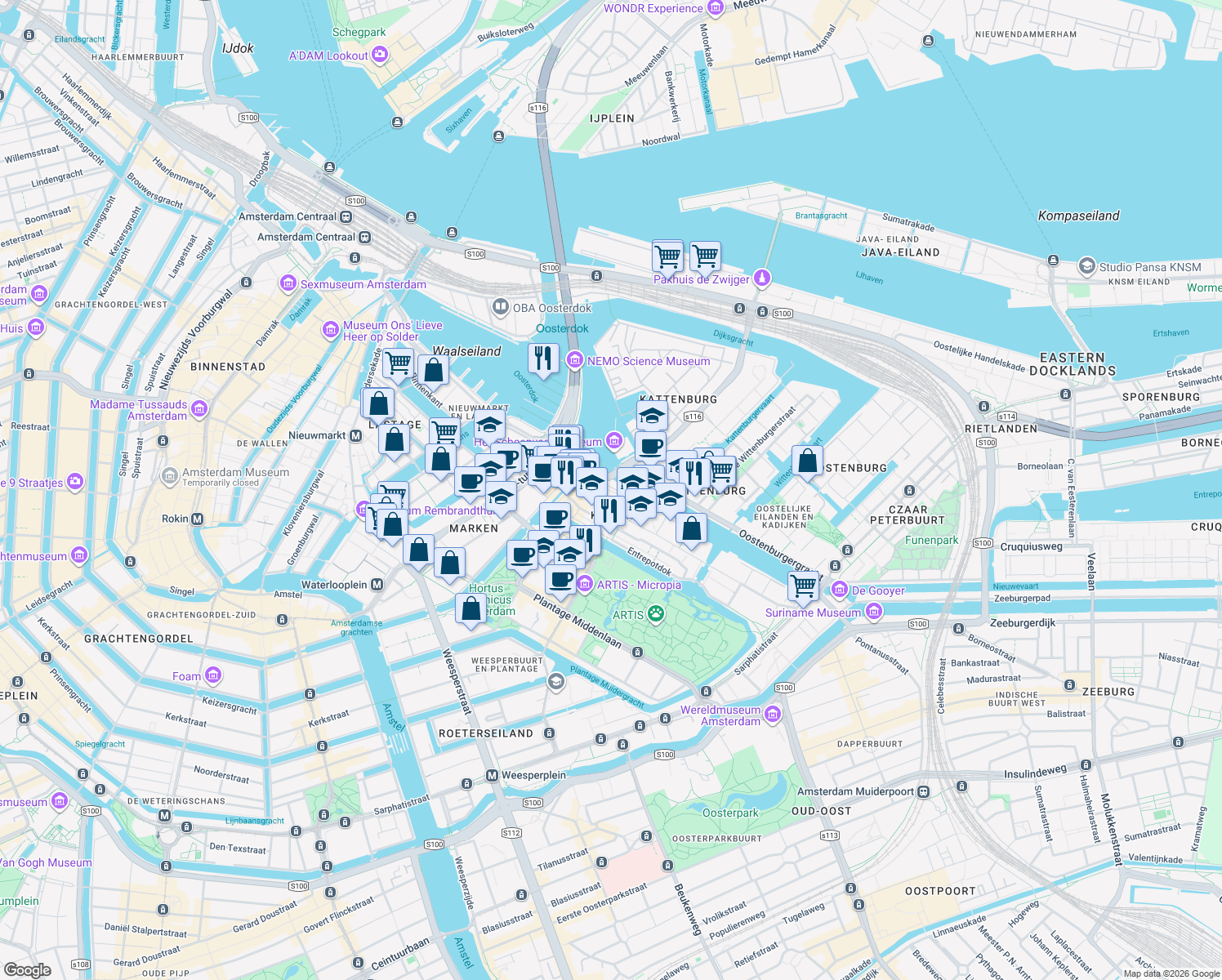 map of restaurants, bars, coffee shops, grocery stores, and more near 5 Nieuwevaart in Amsterdam