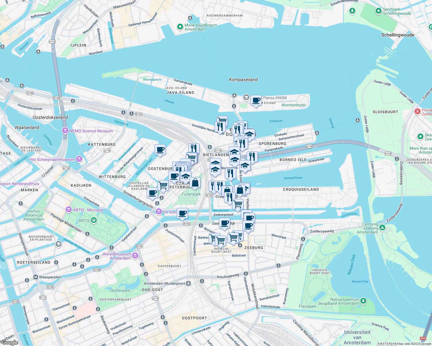 map of restaurants, bars, coffee shops, grocery stores, and more near 148 Panamalaan in Amsterdam